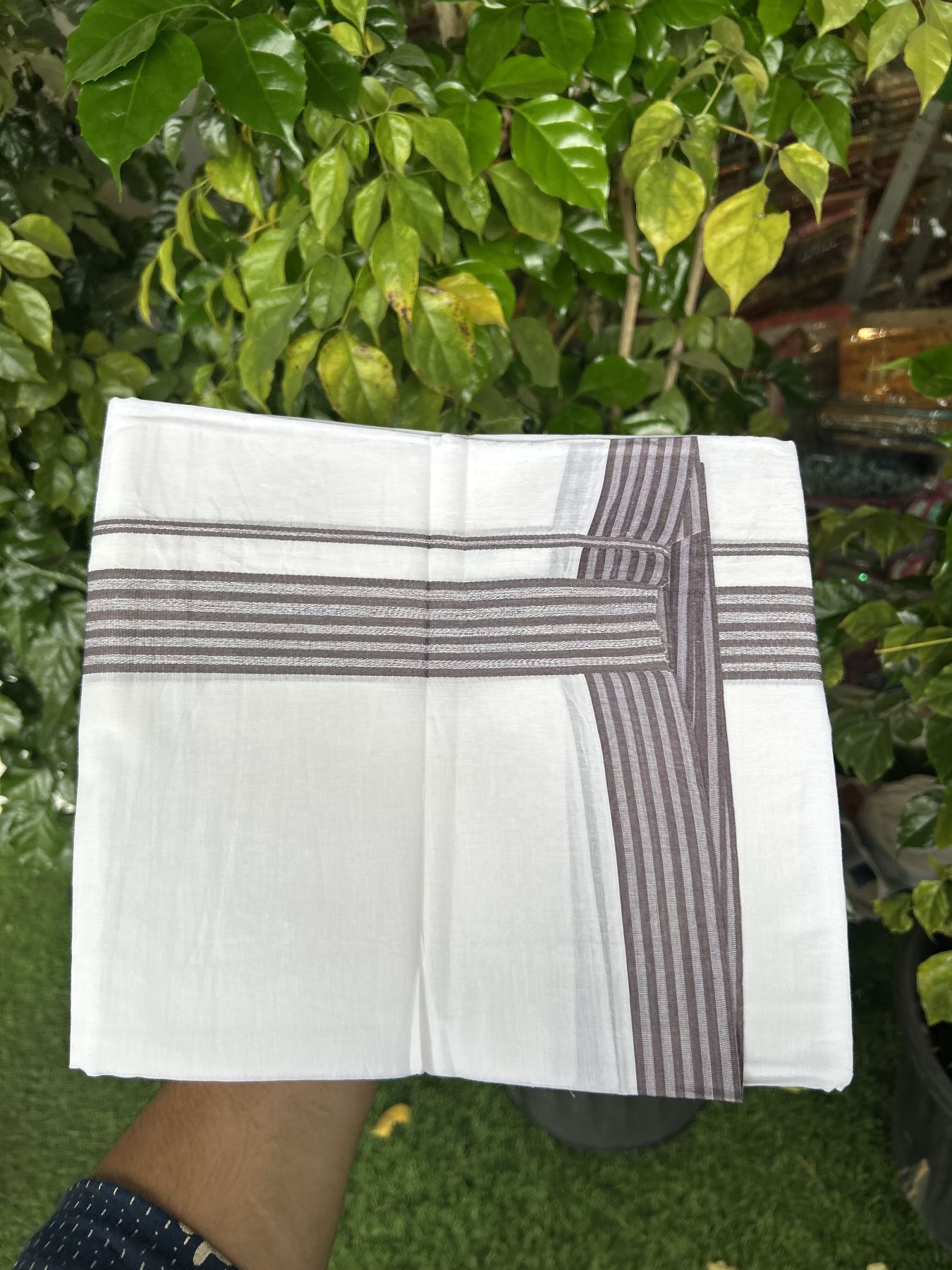 20% Discount! KaithariKada Balaramapuram 100% Cotton Double Pure white Mundu/Dhoti - 100X80 - 1.5 inch Stone brown shaded Striped kara - 4 mtr ( 8.5 muzham) - 40 KK5341 VIN