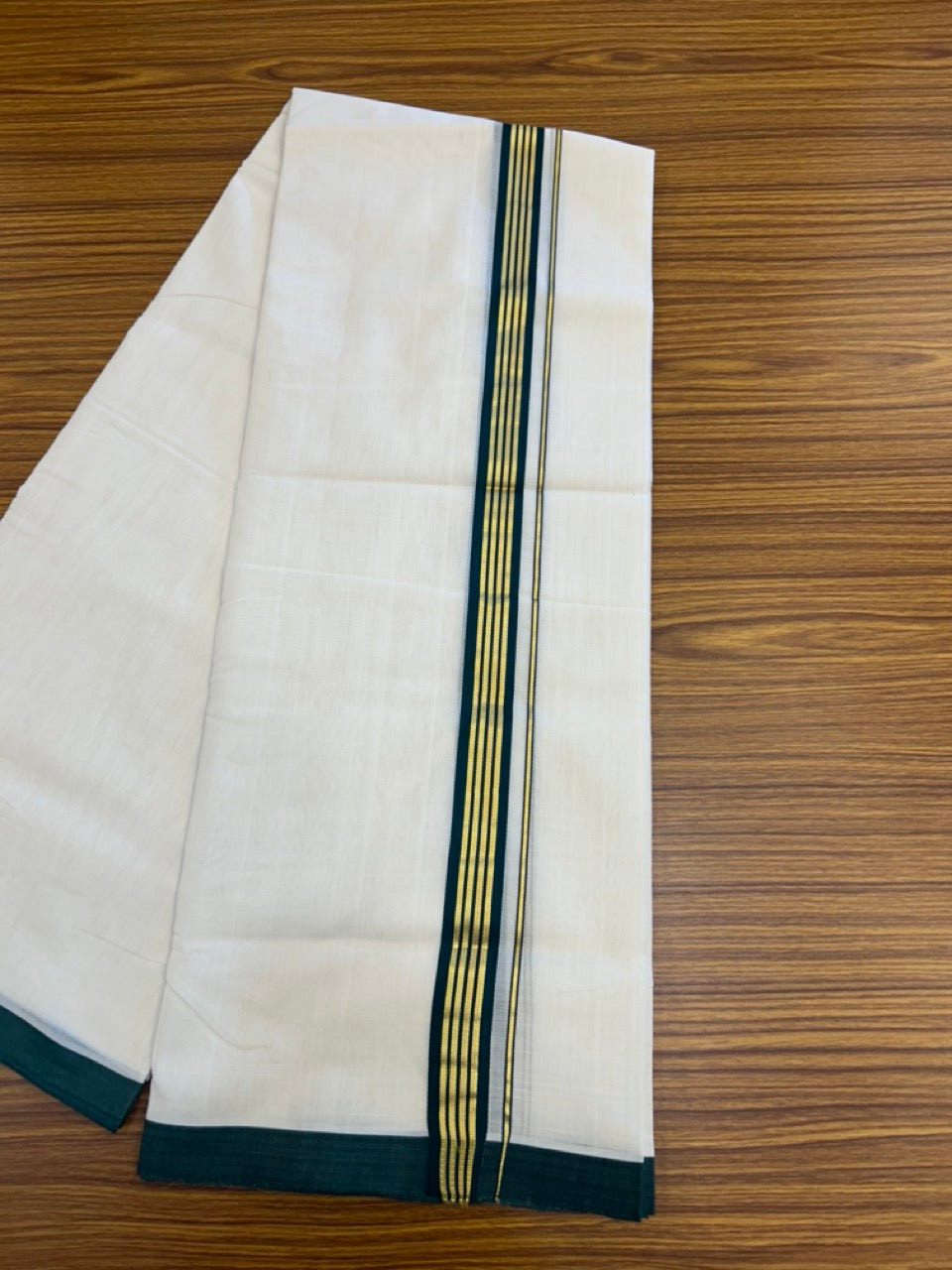 25% Discount ! Kaitharikada Handloom Unakkupaav Balaramapuram - 100% Pure Cotton Off White - (Unbleached) Double Mundu/Dhoti - 100x80 - 1.25 inch Gold Kasav & Green Striped Kara 4 mtr (8.5 Muzham) - 5 KK5307 SAS