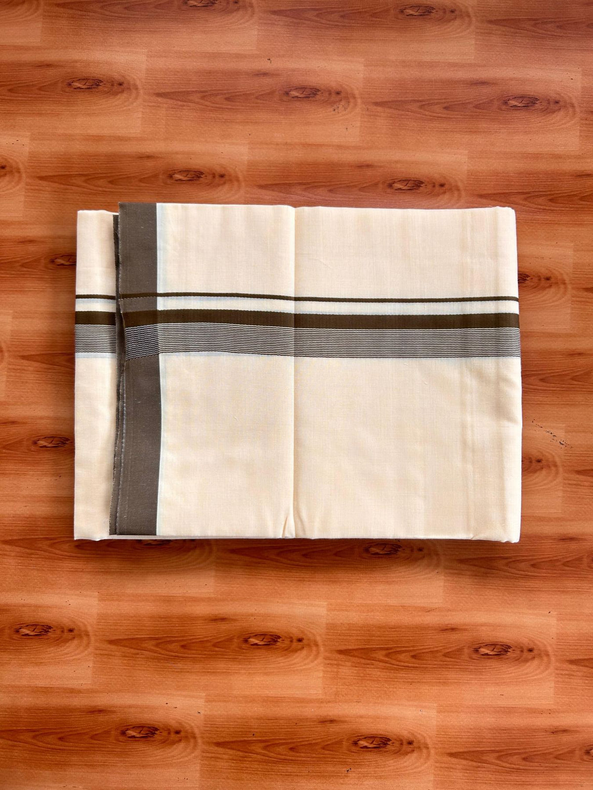 Kannur Yellow Double Mundu/Dhoti - 20% Discount! KaithariKada - 60s - 50% Cotton & 50% Polyester - Kannur Yellow Colour Body with 1.25 inch Olive Brown Striped Kara - 4 mtr (8.5 muzham) - 11 KK5522 VAS