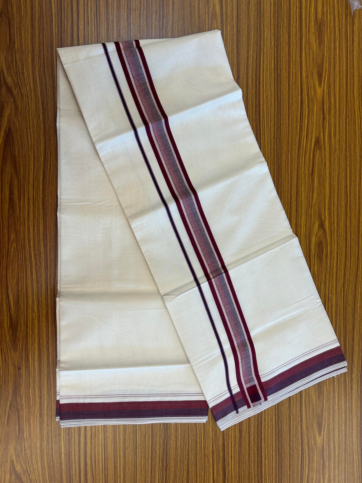 20% Discount ! KaithariKada Balaramapuram 100% Cotton Double Off White (Unbleached) - Mundu / Dhoti- 100x80 -  1.5 inch Navy Blue & Light Maroon Shaded Striped Kara 4 mtr (8.5 Muzham) - 16 KK5363 VIN