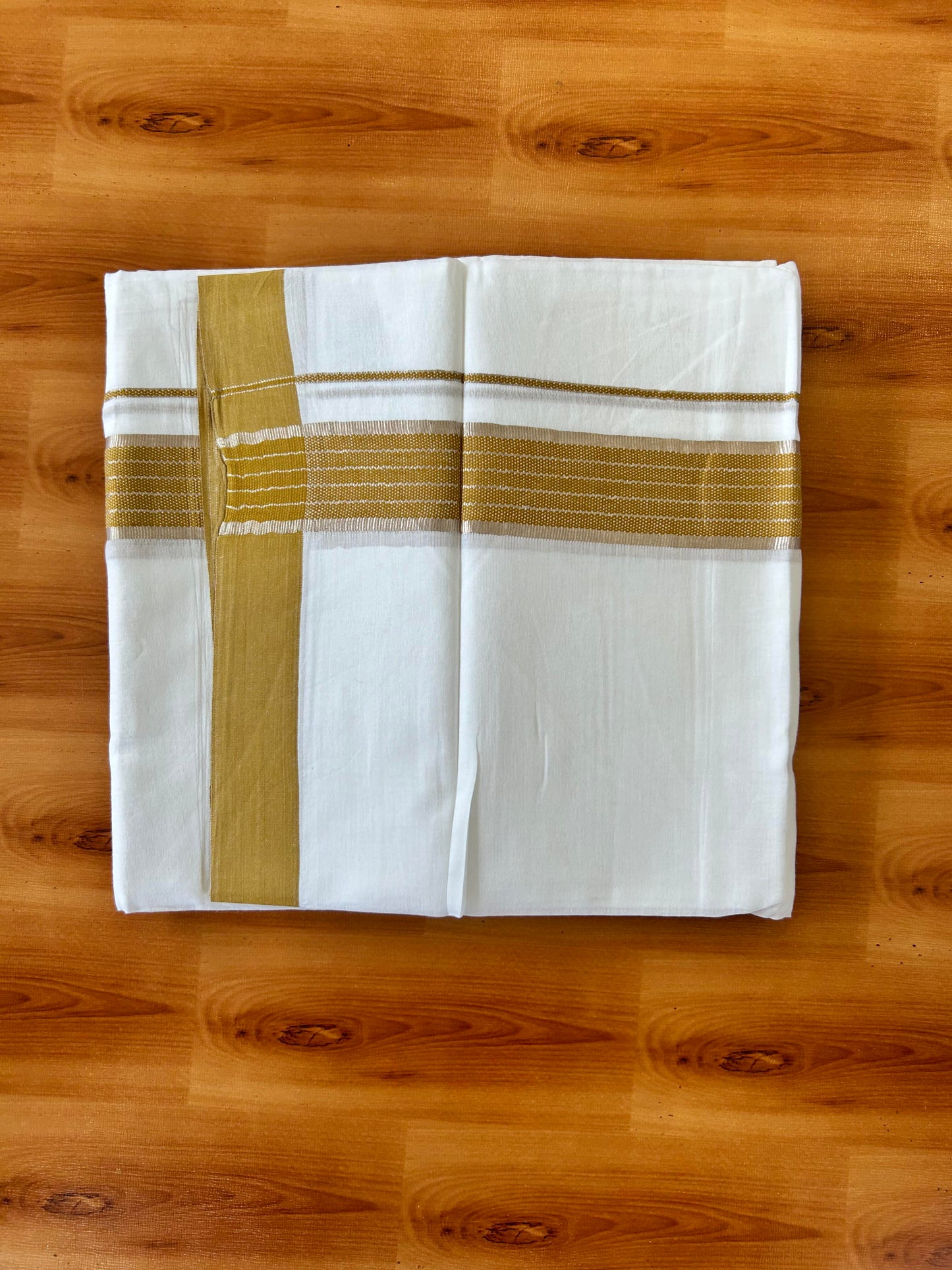 Pure White Double Mundu/Dhoti - 20% Discount ! Kaitharikada 100% Cotton - 100x80 - 1.75 inch Silver Kasav & Mustard Stripes Kara 3.80 mtr (8 muzham) - 23 KK5456 THI