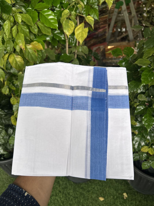 20% Discount! KaithariKada Balaramapuram 100% Cotton Double Pure white Mundu/Dhoti - 100X80 - 1.25 inch Silver Kasav Light Blue shaded kara - 4 mtr ( 8.5 muzham) - 50 KK5341 VIN