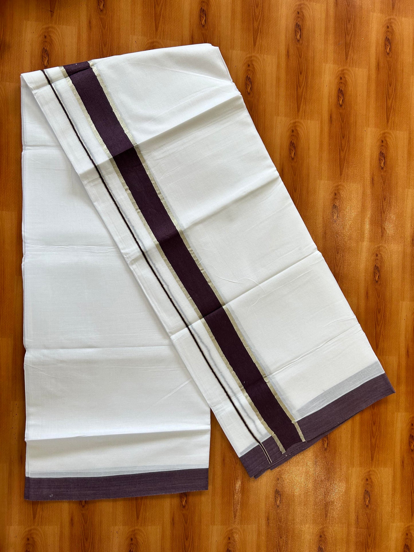 Pure White Double Mundu/Dhoti - 20% Discount ! Kaitharikada 100% Cotton - 100x80 - 1.75 inch Silver Kasav & Dark Purplish Brown Stripes Kara 3.80 mtr (8 muzham) - 22 KK5456 THI