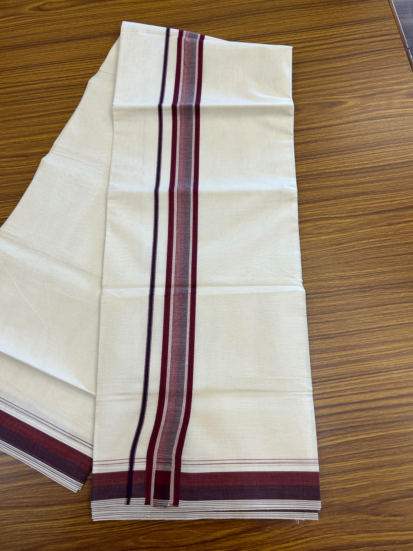 20% Discount ! KaithariKada Balaramapuram 100% Cotton Double Off White (Unbleached) - Mundu / Dhoti- 100x80 -  1.5 inch Navy Blue & Light Maroon Shaded Striped Kara 4 mtr (8.5 Muzham) - 16 KK5363 VIN