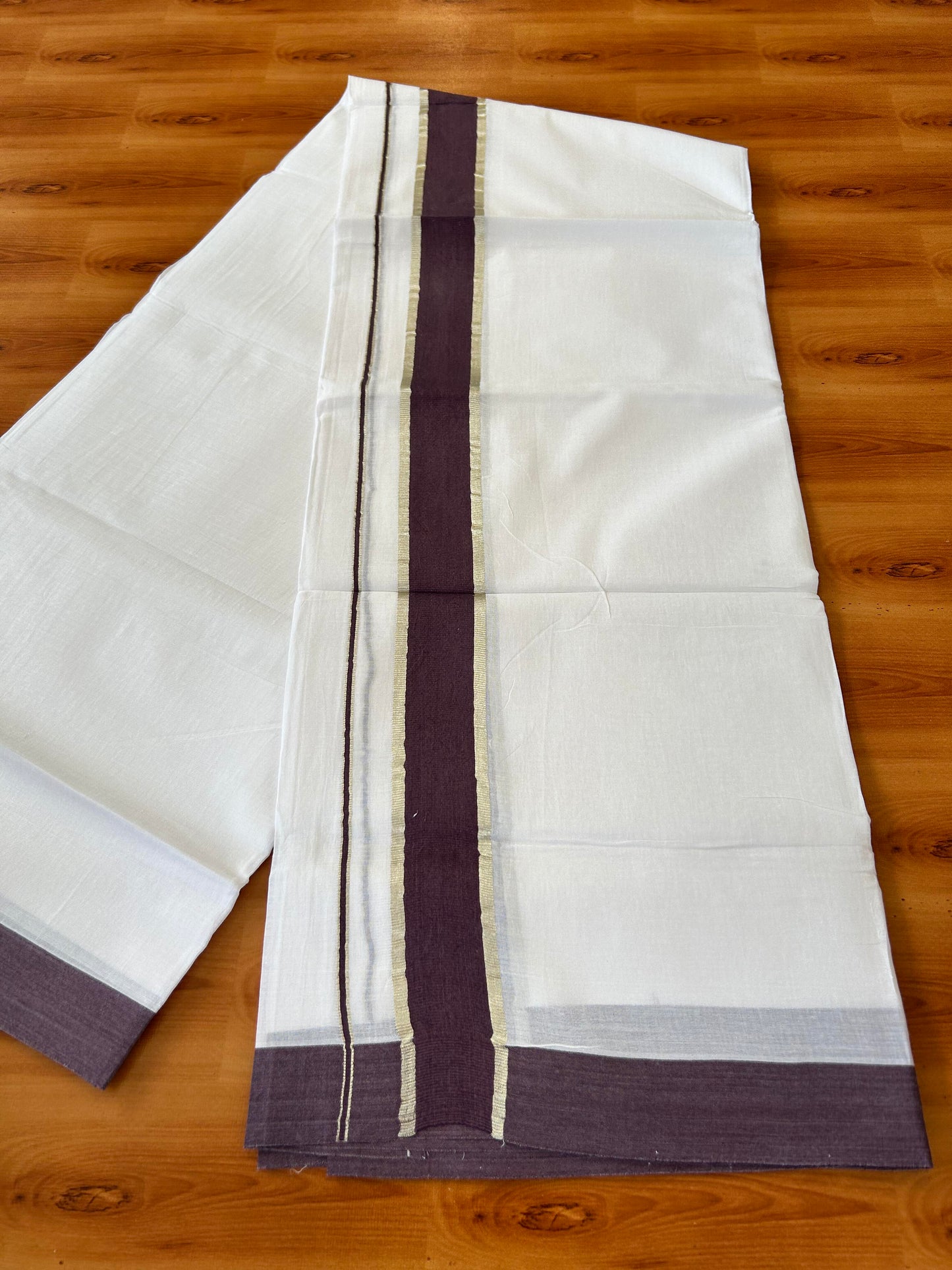 Pure White Double Mundu/Dhoti - 20% Discount ! Kaitharikada 100% Cotton - 100x80 - 1.75 inch Silver Kasav & Dark Purplish Brown Stripes Kara 3.80 mtr (8 muzham) - 22 KK5456 THI