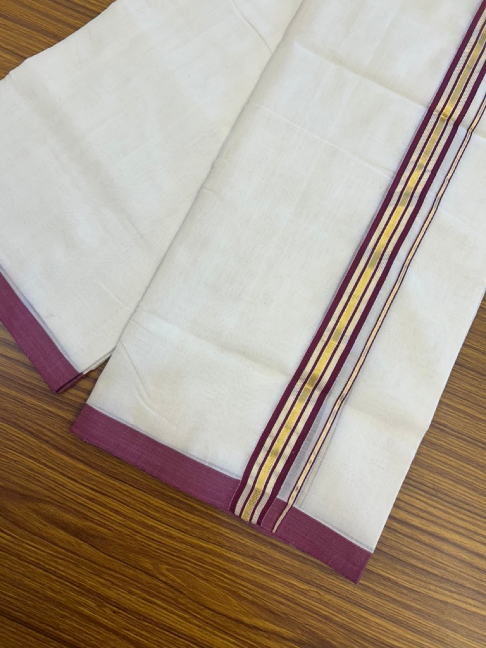 25% Discount ! Kaitharikada Handloom Unakkupaav Balaramapuram - 100% Pure Cotton Off White - (Unbleached) Double Mundu/Dhoti - 100x80 - 1.25 inch Gold Kasav & Wine Purple Striped Kara 4 mtr (8.5 Muzham) - 6 KK5307 SAS