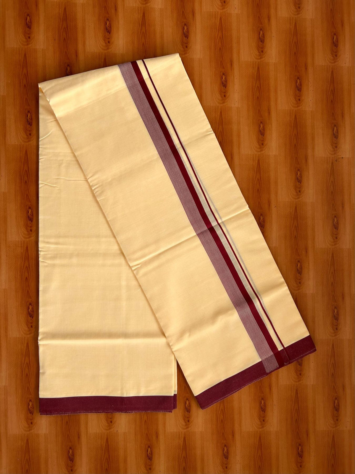 Kannur Yellow Double Mundu/Dhoti - 20% Discount! KaithariKada - 60s - 50% Cotton & 50% Polyester - Kannur Yellow Colour Body with 1.25 inch Maroon Striped Kara - 4 mtr (8.5 muzham) - 12 KK5522 VAS