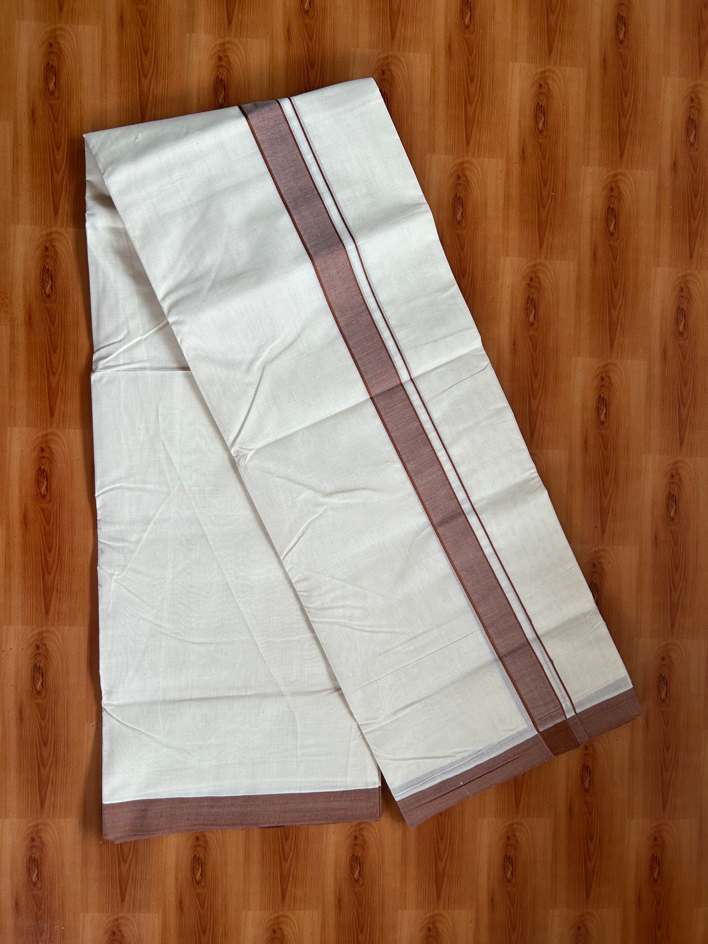 20% Discount!! KaithariKada Balaramapuram 100% Cotton Double Off White - (Unbleached) Mundu/Dhoti-100x80 - 1.25 inch Brown Shaded Kara- 3.75 mtr (8 Muzham) - 21 KK5381 ASH