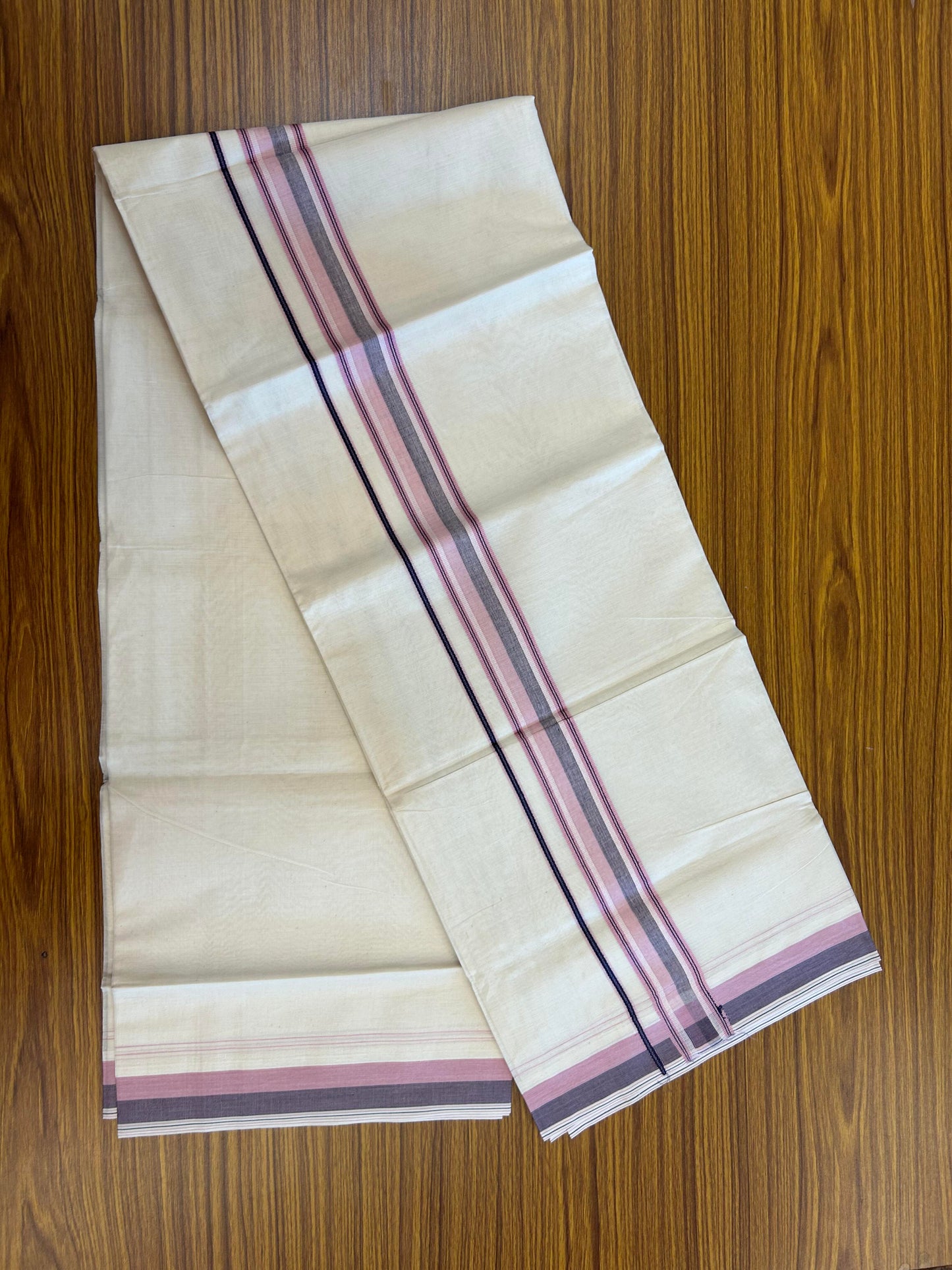 20% Discount ! KaithariKada Balaramapuram 100% Cotton Double Off White (Unbleached) - Mundu / Dhoti- 100x80 -  1.5 inch Pink & Navy Blue Shaded Striped Kara 4 mtr (8.5 Muzham) - 12 KK5363 VIN