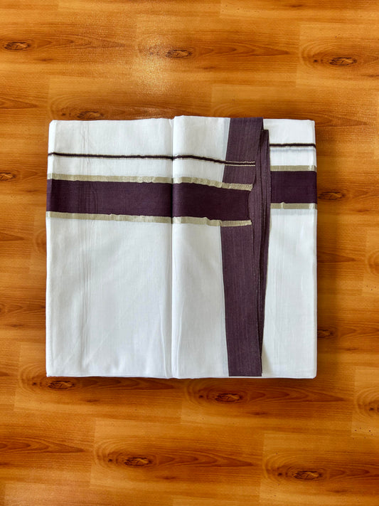 Pure White Double Mundu/Dhoti - 20% Discount ! Kaitharikada 100% Cotton - 100x80 - 1.75 inch Silver Kasav & Dark Purplish Brown Stripes Kara 3.80 mtr (8 muzham) - 22 KK5456 THI