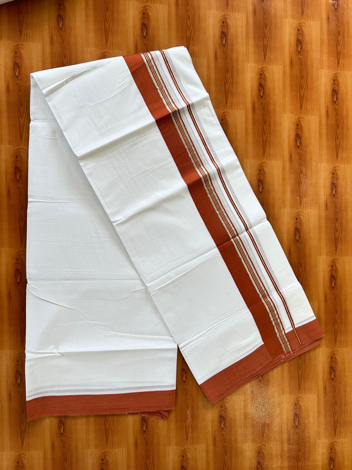 Pure White Double Mundu/Dhoti - 20% Discount ! Kaitharikada Balaramapuram 100% Cotton - 100x80 - 1.5 inch Silver Kasav & Rust Orange Stripes Kara 3.80 mtr (8 muzham) - 7 KK5456 THI