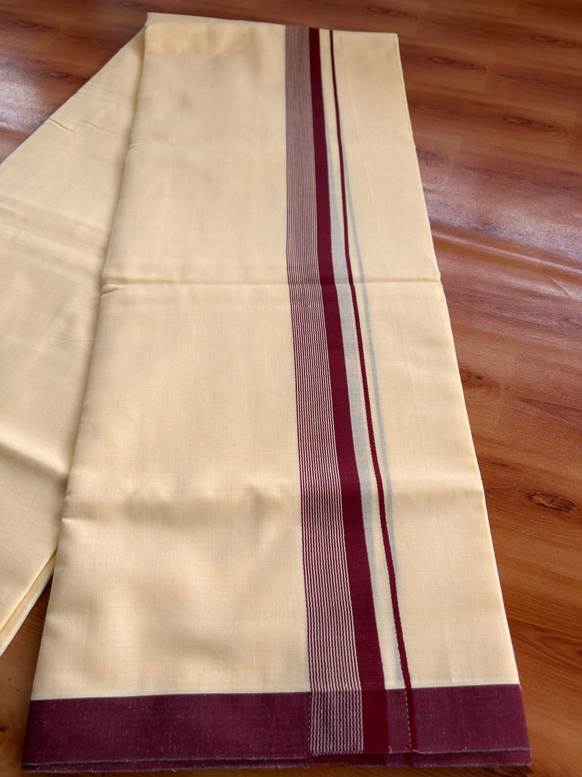 Kannur Yellow Double Mundu/Dhoti - 20% Discount! KaithariKada - 60s - 50% Cotton & 50% Polyester - Kannur Yellow Colour Body with 1.25 inch Maroon Striped Kara - 4 mtr (8.5 muzham) - 12 KK5522 VAS