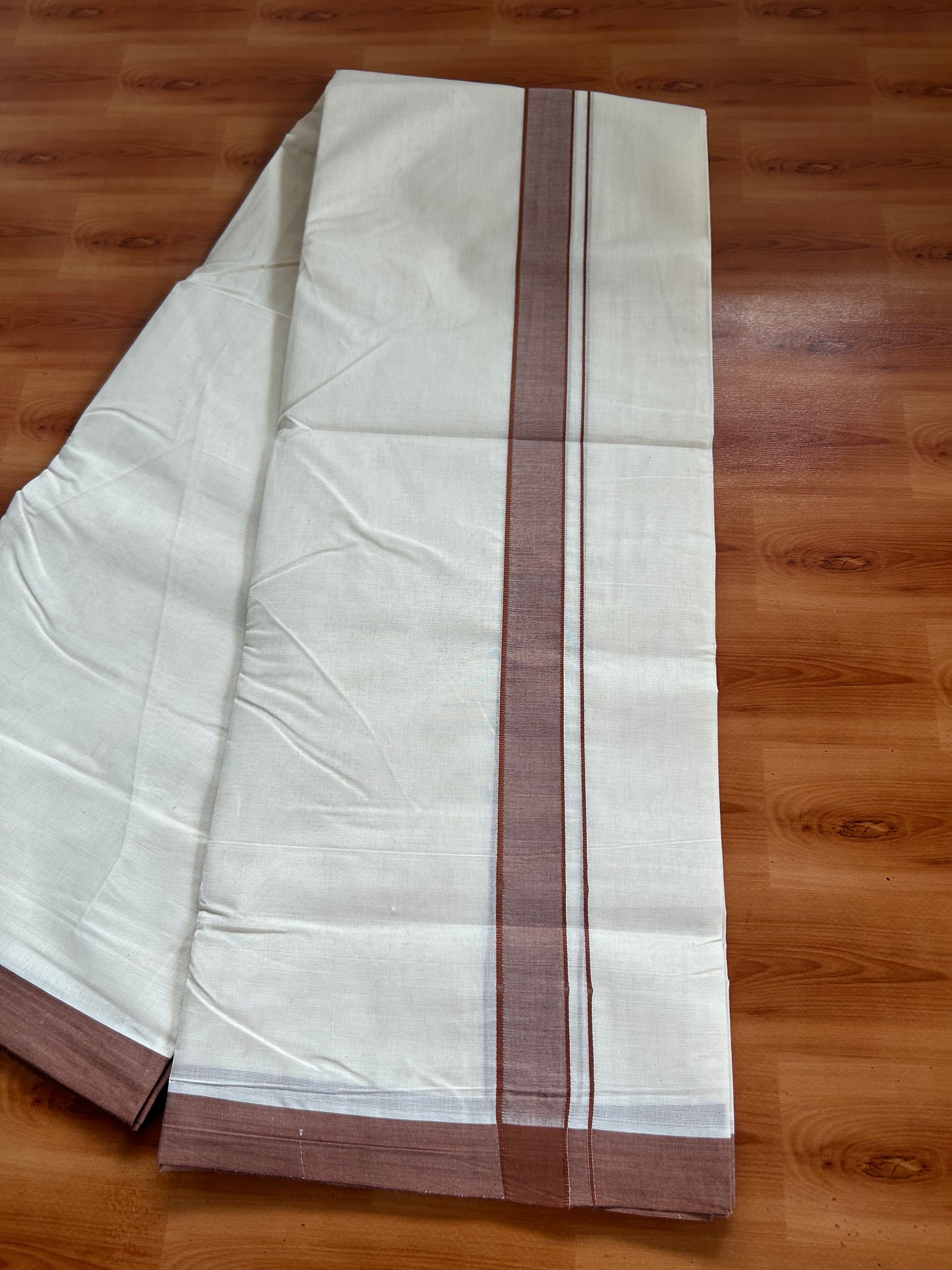 20% Discount!! KaithariKada Balaramapuram 100% Cotton Double Off White - (Unbleached) Mundu/Dhoti-100x80 - 1.25 inch Brown Shaded Kara- 3.75 mtr (8 Muzham) - 21 KK5381 ASH