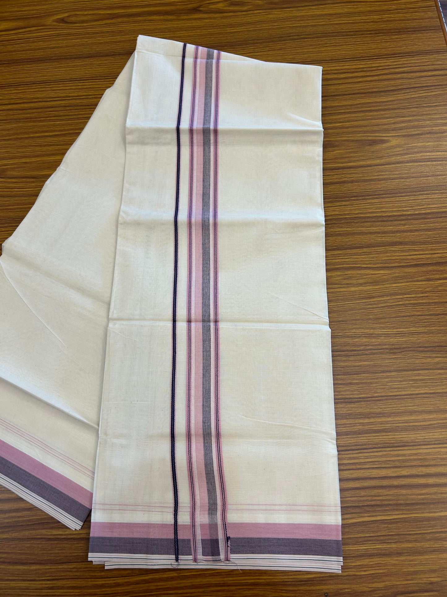 20% Discount ! KaithariKada Balaramapuram 100% Cotton Double Off White (Unbleached) - Mundu / Dhoti- 100x80 -  1.5 inch Pink & Navy Blue Shaded Striped Kara 4 mtr (8.5 Muzham) - 12 KK5363 VIN