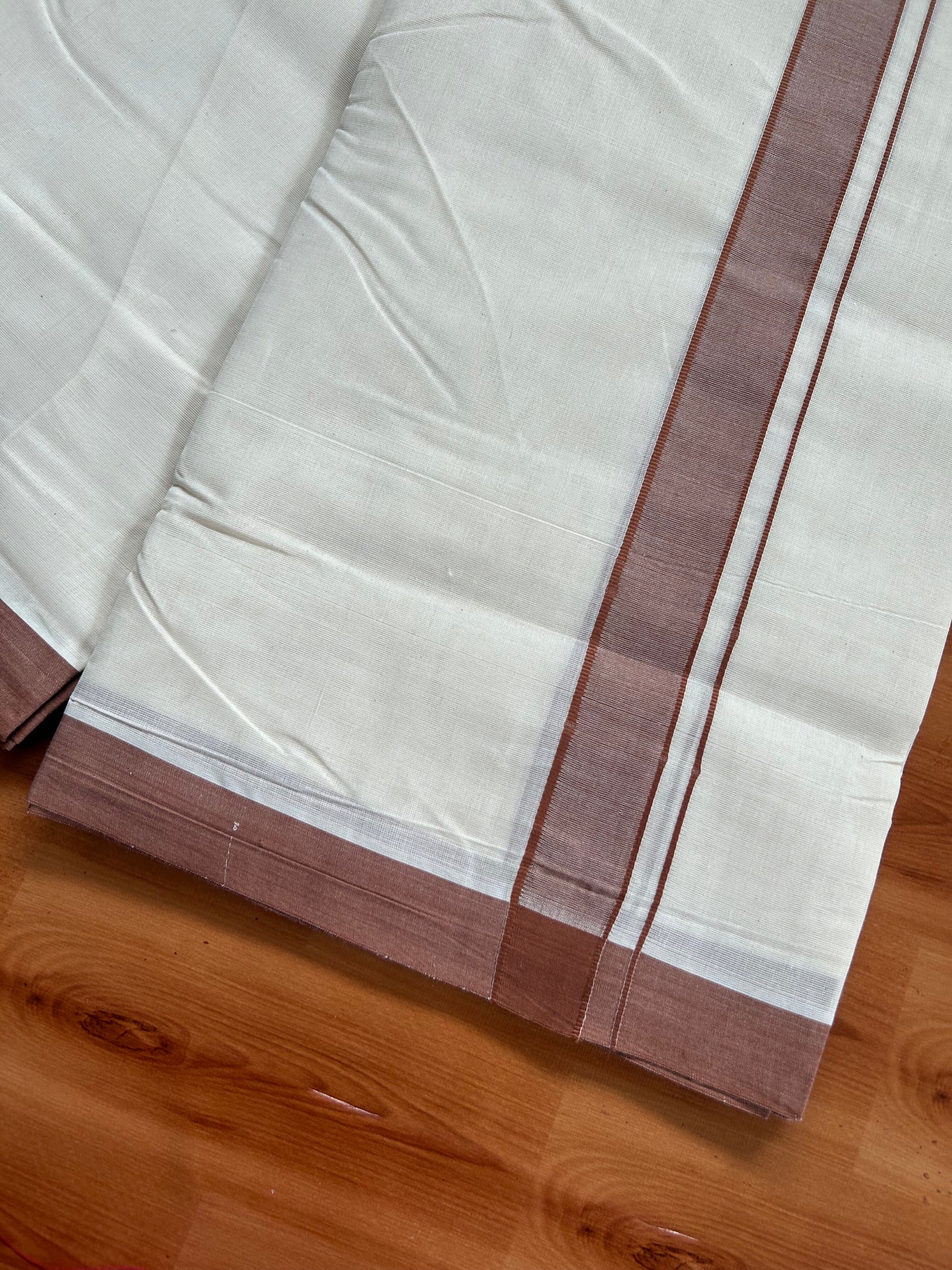 20% Discount!! KaithariKada Balaramapuram 100% Cotton Double Off White - (Unbleached) Mundu/Dhoti-100x80 - 1.25 inch Brown Shaded Kara- 3.75 mtr (8 Muzham) - 21 KK5381 ASH