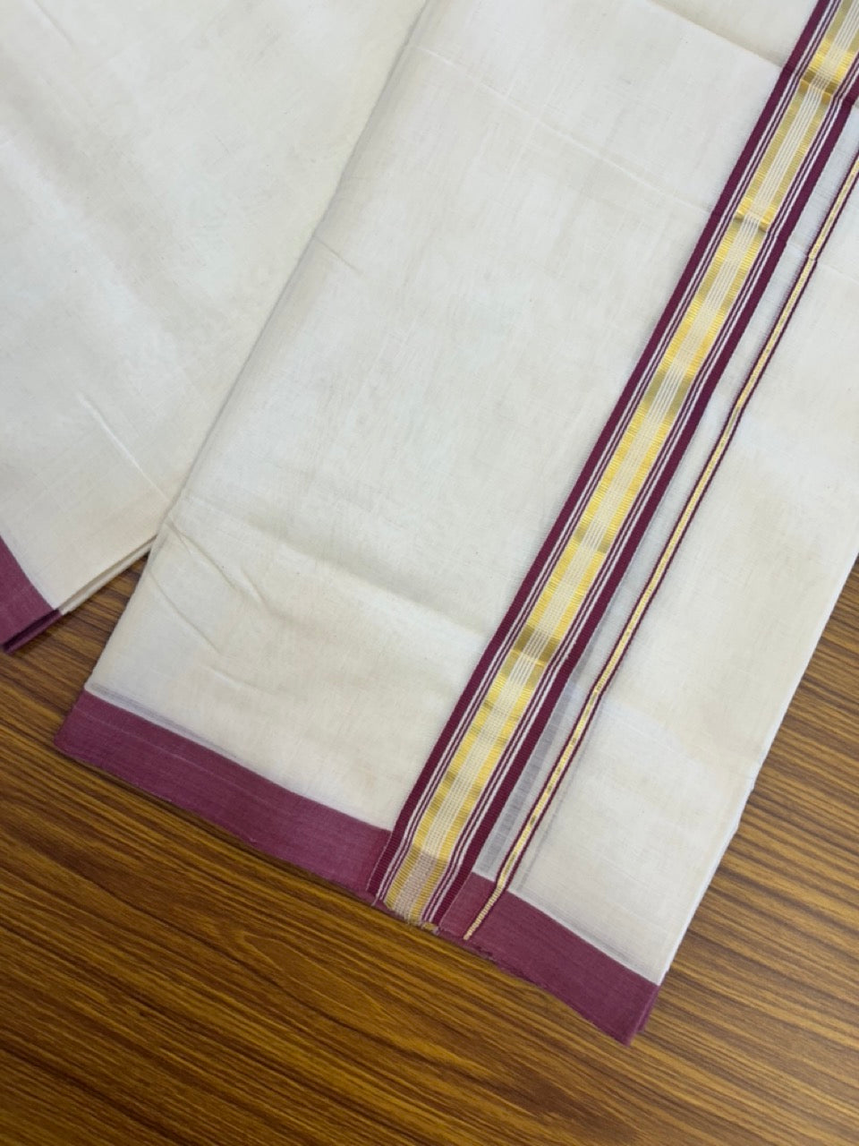25% Discount ! Kaitharikada Handloom Unakkupaav Balaramapuram - 100% Pure Cotton Off White - (Unbleached) Double Mundu/Dhoti - 100x80 - 1.25 inch Gold Kasav & Wine Purple Striped Kara 4 mtr (8.5 Muzham) - 7 KK5307 SAS