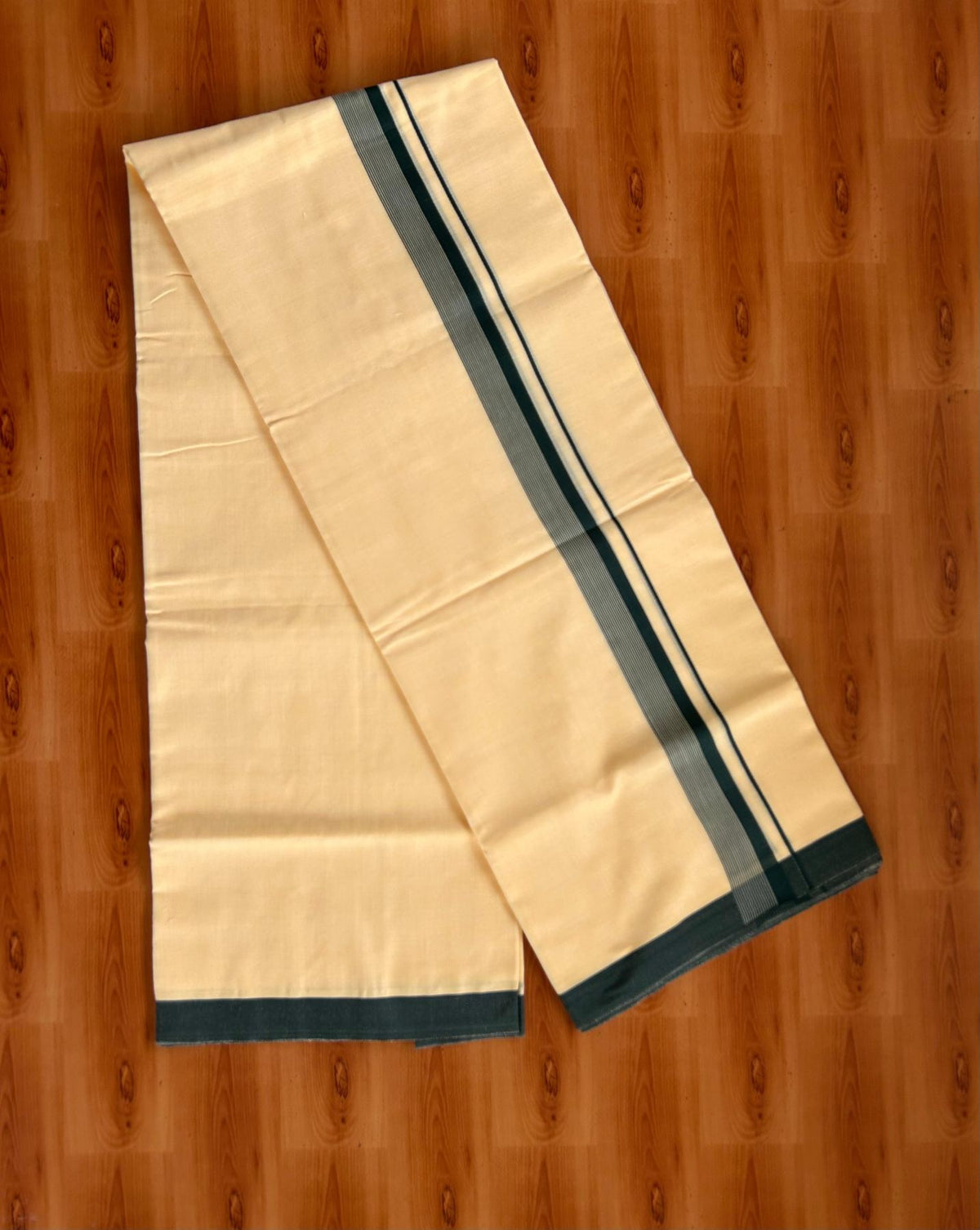 Kannur Yellow Double Mundu/Dhoti - 20% Discount! KaithariKada - 60s - 50% Cotton & 50% Polyester - Kannur Yellow Colour Body with 1.25 inch Dark Green Striped Kara - 4 mtr (8.5 muzham) - 13 KK5522 VAS