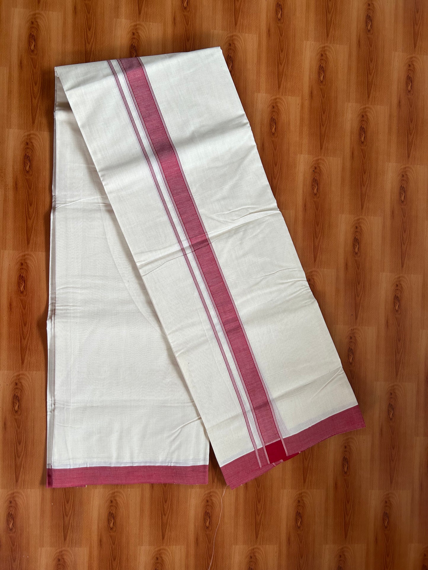 20% Discount!! KaithariKada Balaramapuram 100% Cotton Double Off White - (Unbleached) Mundu/Dhoti-100x80 - 1.25 inch Light Red Shaded Striped Kara- 3.75 mtr (8 Muzham) - 22 KK5381 ASH
