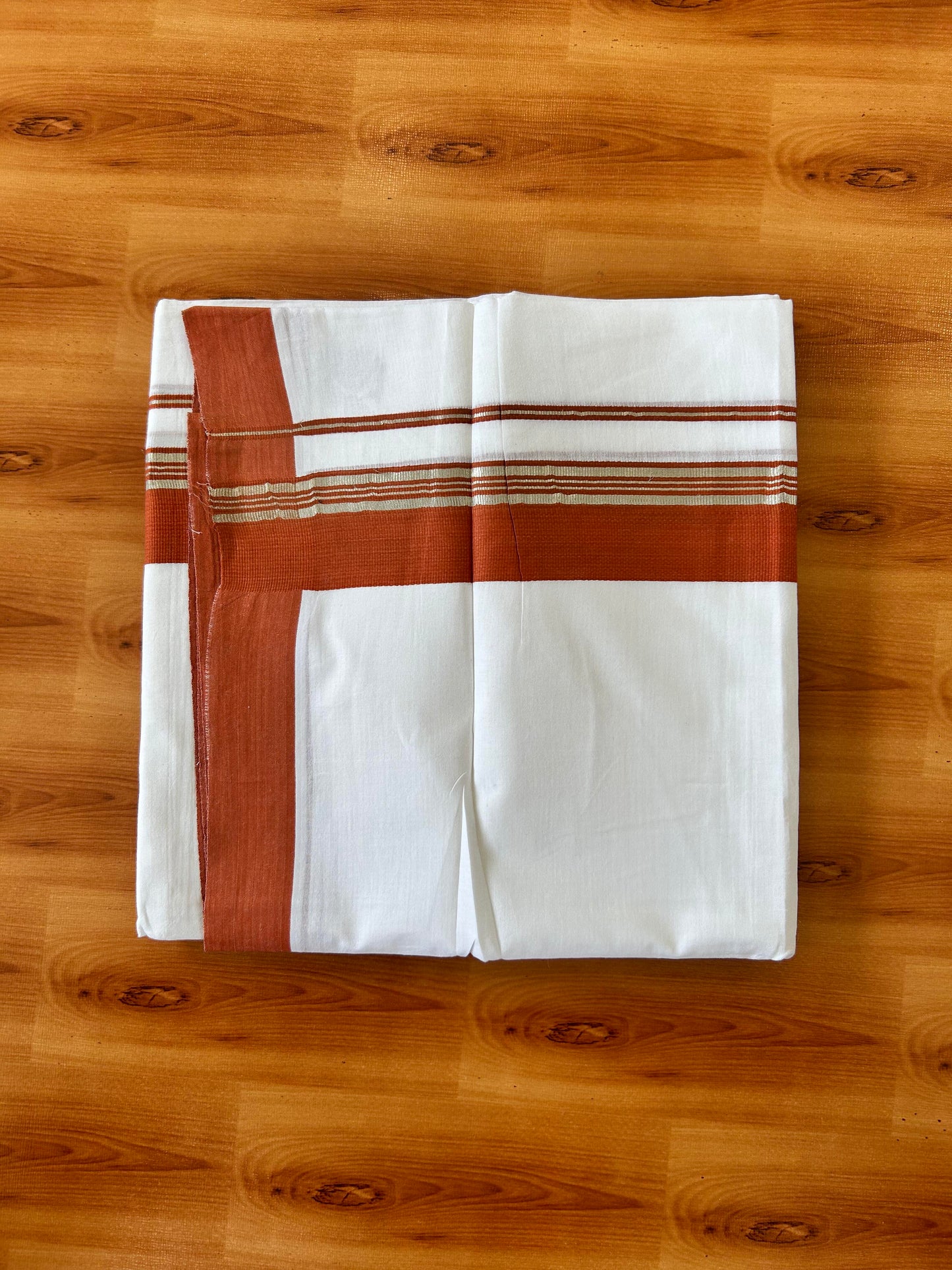 Pure White Double Mundu/Dhoti - 20% Discount ! Kaitharikada Balaramapuram 100% Cotton - 100x80 - 1.5 inch Silver Kasav & Rust Orange Stripes Kara 3.80 mtr (8 muzham) - 7 KK5456 THI