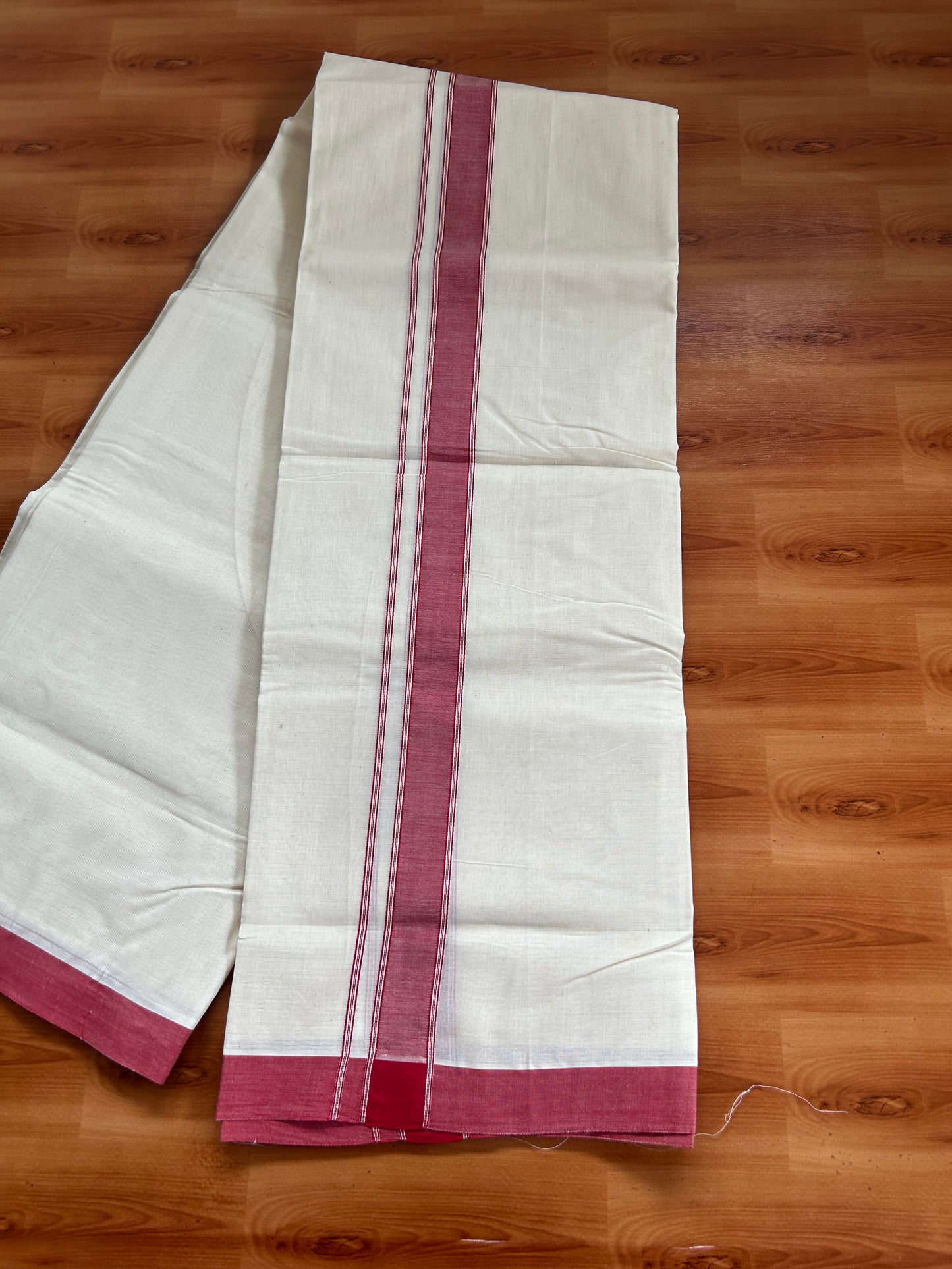 20% Discount!! KaithariKada Balaramapuram 100% Cotton Double Off White - (Unbleached) Mundu/Dhoti-100x80 - 1.25 inch Light Red Shaded Striped Kara- 3.75 mtr (8 Muzham) - 22 KK5381 ASH