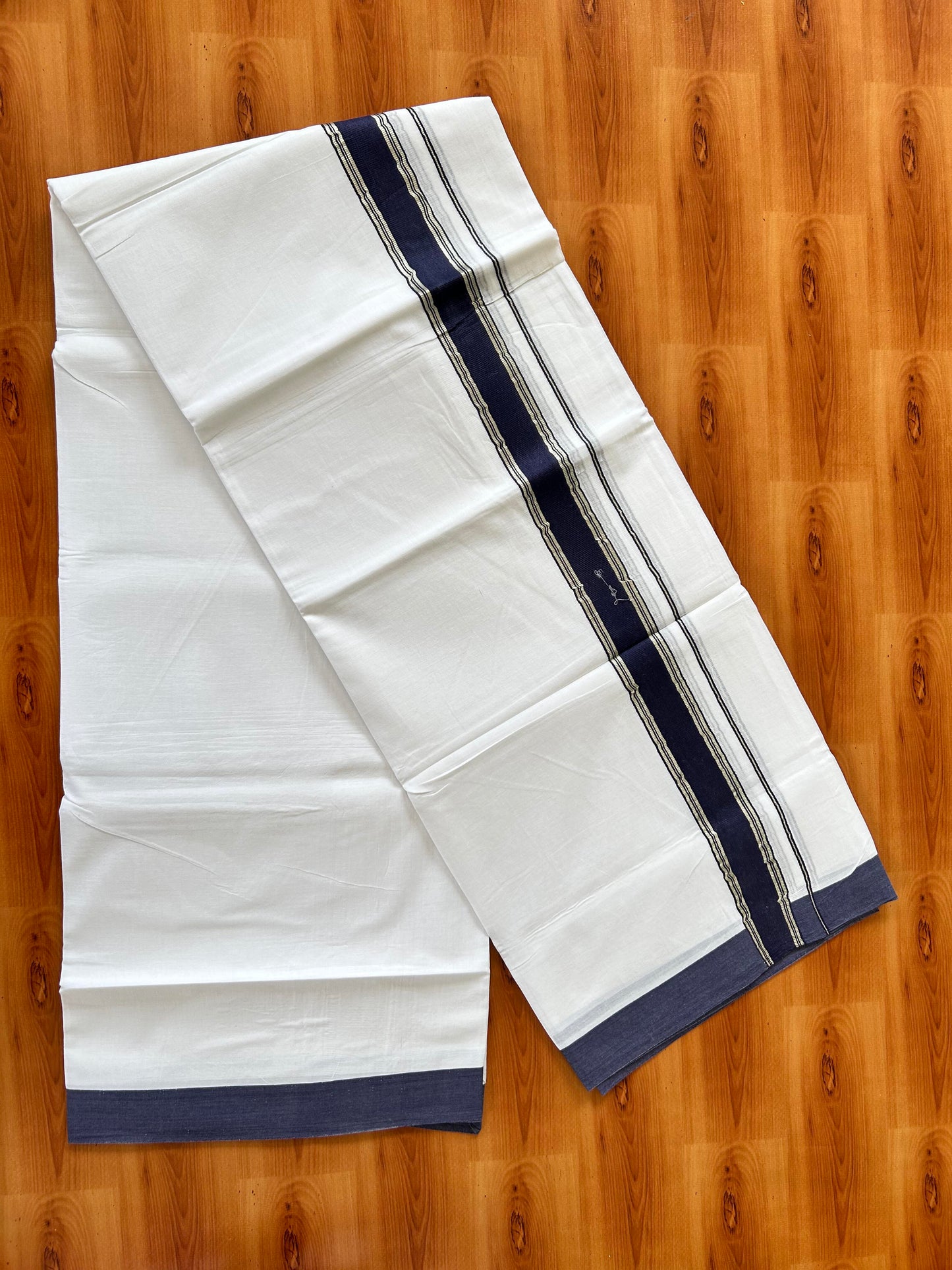 Pure White Double Mundu/Dhoti - 20% Discount ! Kaitharikada Balaramapuram 100% Cotton - 100x80 - 1.5 inch Silver Kasav & Navy Blue Stripes Kara 3.80 mtr (8 muzham) - 1 KK5456 THI