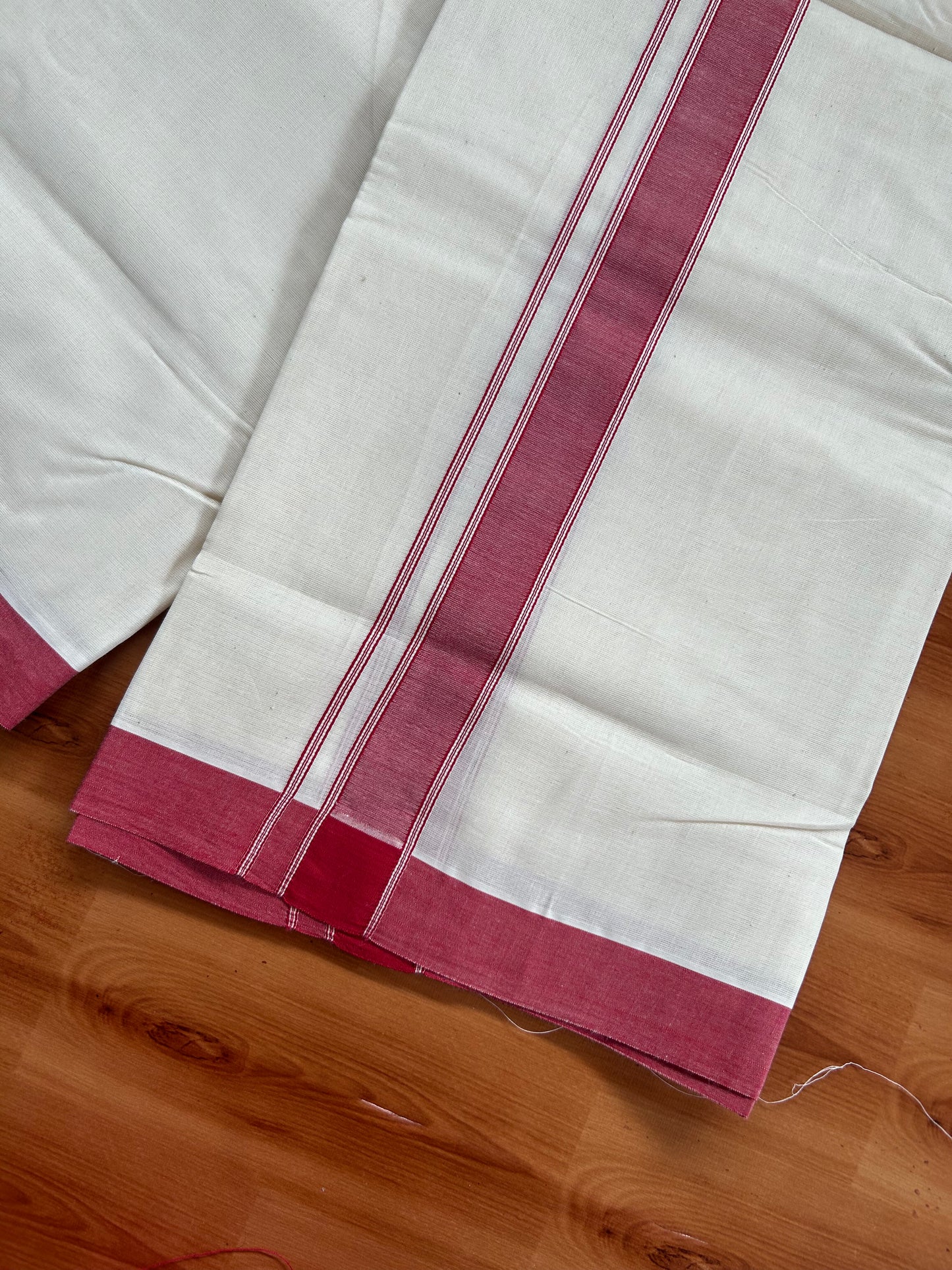 20% Discount!! KaithariKada Balaramapuram 100% Cotton Double Off White - (Unbleached) Mundu/Dhoti-100x80 - 1.25 inch Light Red Shaded Striped Kara- 3.75 mtr (8 Muzham) - 22 KK5381 ASH