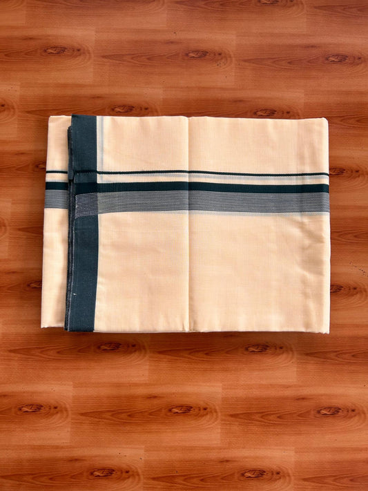 Kannur Yellow Double Mundu/Dhoti - 20% Discount! KaithariKada - 60s - 50% Cotton & 50% Polyester - Kannur Yellow Colour Body with 1.25 inch Dark Green Striped Kara - 4 mtr (8.5 muzham) - 13 KK5522 VAS