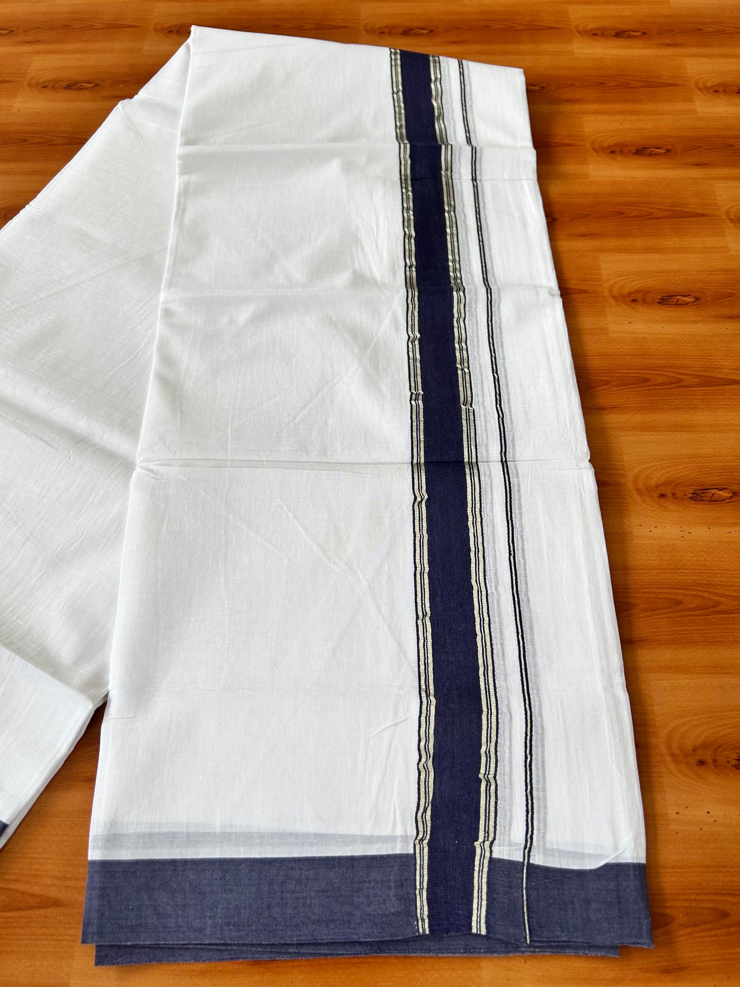 Pure White Double Mundu/Dhoti - 20% Discount ! Kaitharikada Balaramapuram 100% Cotton - 100x80 - 1.5 inch Silver Kasav & Navy Blue Stripes Kara 3.80 mtr (8 muzham) - 1 KK5456 THI