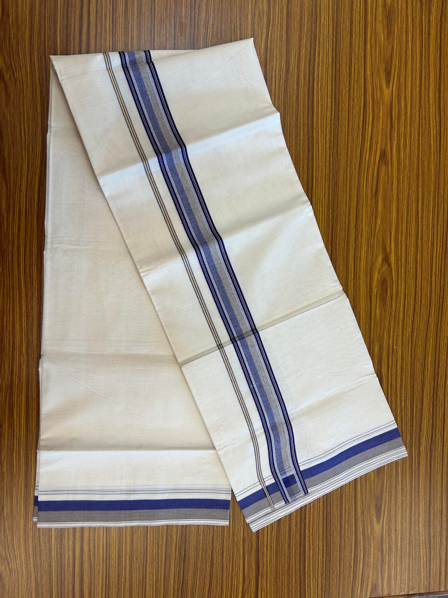 20% Discount ! KaithariKada Balaramapuram 100% Cotton Double Off White (Unbleached) - Mundu / Dhoti- 100x80 -  1.5 inch Violet & Mustard Shaded Striped Kara 4 mtr (8.5 Muzham) - 10 KK5363 VIN