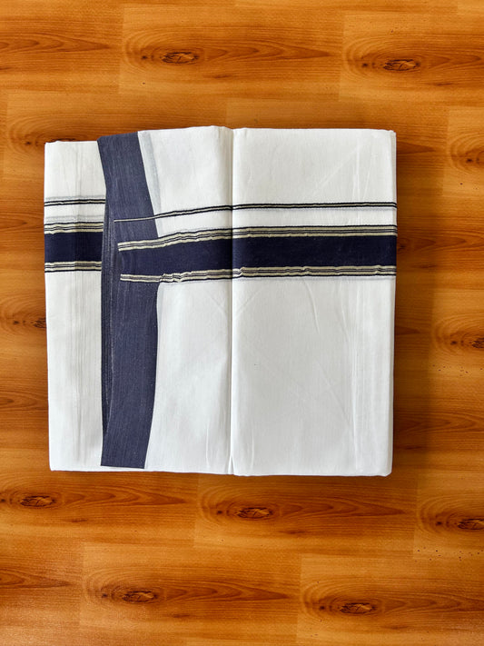 Pure White Double Mundu/Dhoti - 20% Discount ! Kaitharikada 100% Cotton - 100x80 - 1.5 inch Silver Kasav & Navy Blue Stripes Kara 3.80 mtr (8 muzham) - 1 KK5456 THI