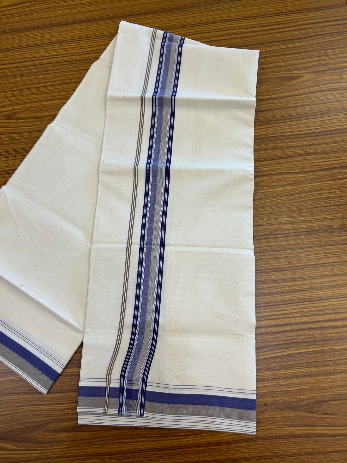 20% Discount ! KaithariKada Balaramapuram 100% Cotton Double Off White (Unbleached) - Mundu / Dhoti- 100x80 -  1.5 inch Violet & Mustard Shaded Striped Kara 4 mtr (8.5 Muzham) - 10 KK5363 VIN