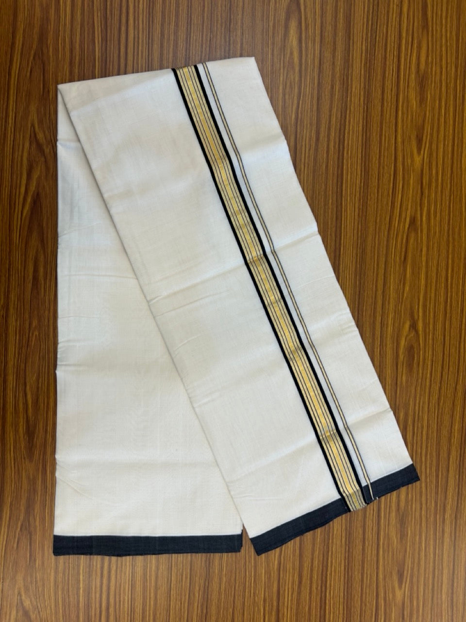 25% Discount ! Kaitharikada Handloom Unakkupaav Balaramapuram - 100% Pure Cotton Off White - (Unbleached) Double Mundu/Dhoti - 100x80 - 1.25 inch Gold Kasav & Black Striped Kara 4 mtr (8.5 Muzham) - 10 KK5307 SAS
