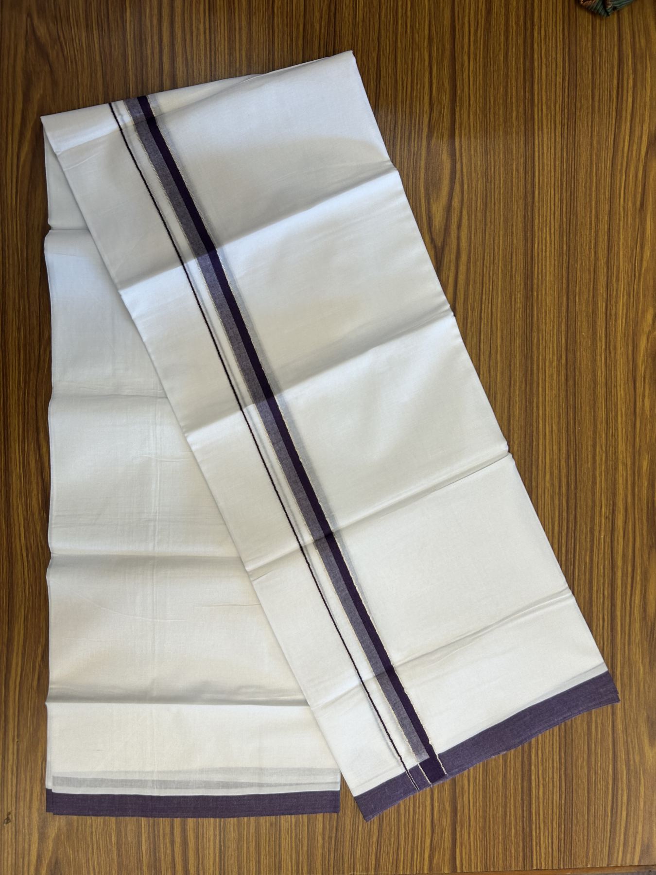 20% Discount! KaithariKada Balaramapuram 100% Cotton Double Pure white Mundu/Dhoti- 100X80 - 0.75 inch Silver Kasav & Purple Kara - 4 mtr ( 8.5 muzham) - 25 KK5341 VIN