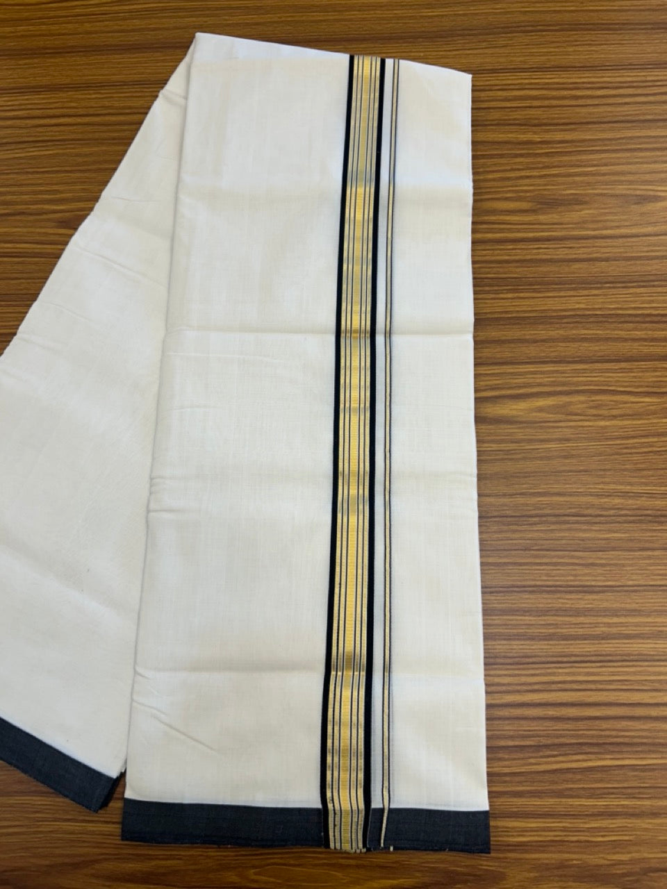 25% Discount ! Kaitharikada Handloom Unakkupaav Balaramapuram - 100% Pure Cotton Off White - (Unbleached) Double Mundu/Dhoti - 100x80 - 1.25 inch Gold Kasav & Black Striped Kara 4 mtr (8.5 Muzham) - 10 KK5307 SAS