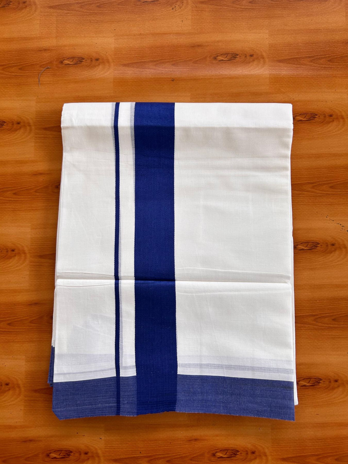 Pure White Double Mundu/Dhoti - 20% Discount ! Kaitharikada Pure Cotton - 100x80 - 1.5 inch Royal Blue Kara 3.80 mtr (8 muzham) - 1 KK5523 MC