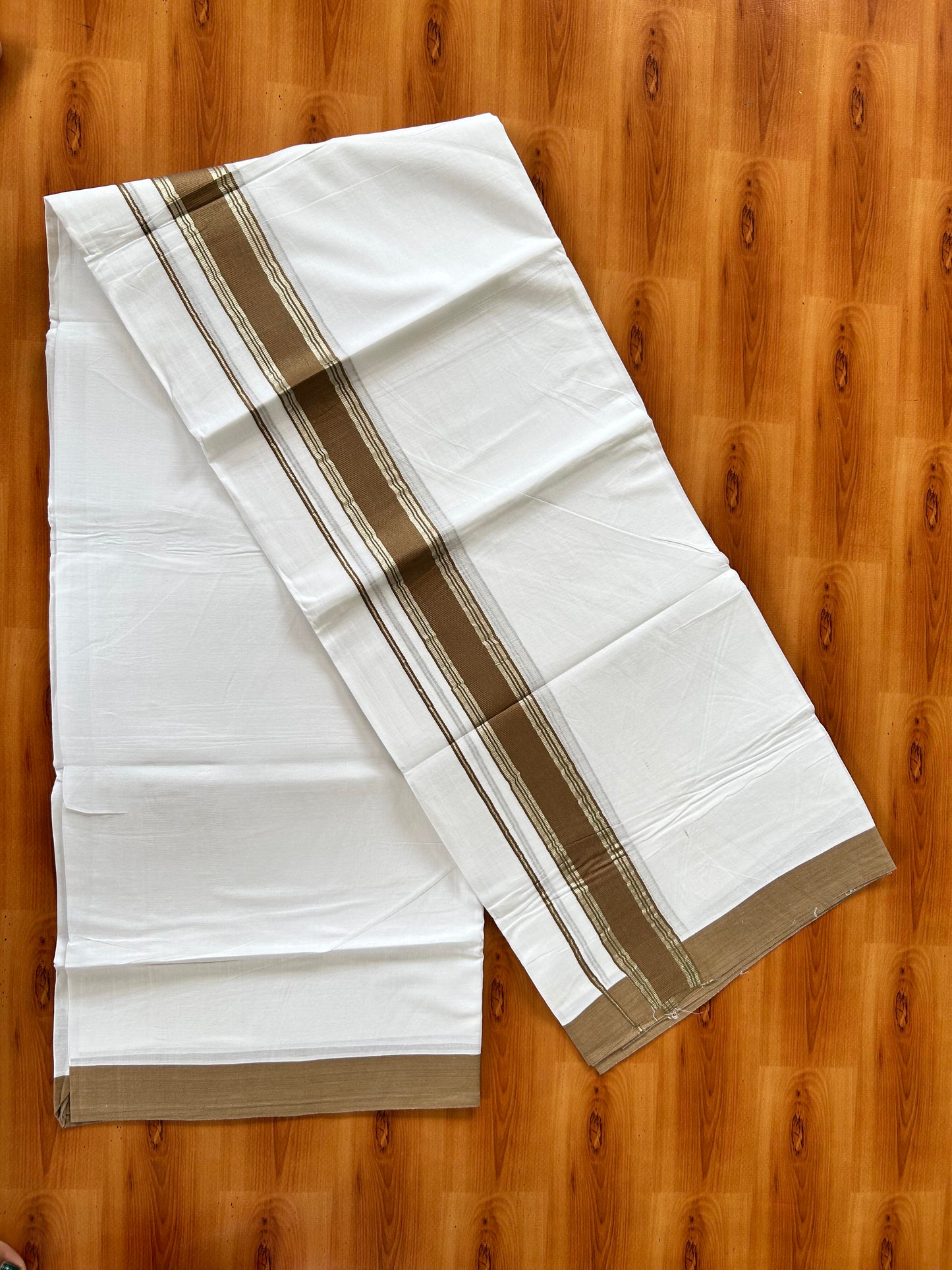 Pure White Double Mundu/Dhoti - 20% Discount ! Kaitharikada Balaramapuram 100% Cotton - 100x80 - 1.5 inch Silver Kasav & Dark Brown Stripes Kara 3.80 mtr (8 muzham) - 5 KK5456 THI