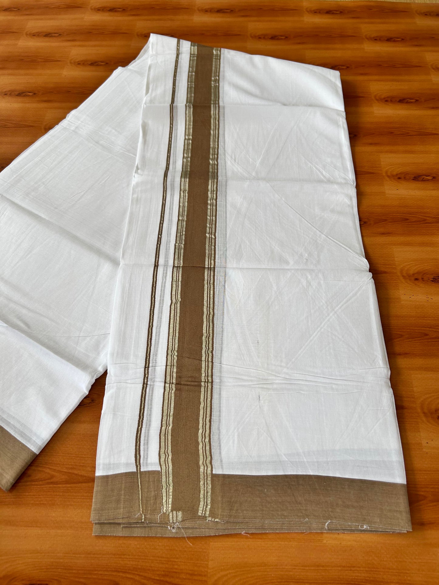 Pure White Double Mundu/Dhoti - 20% Discount ! Kaitharikada Balaramapuram 100% Cotton - 100x80 - 1.5 inch Silver Kasav & Dark Brown Stripes Kara 3.80 mtr (8 muzham) - 5 KK5456 THI