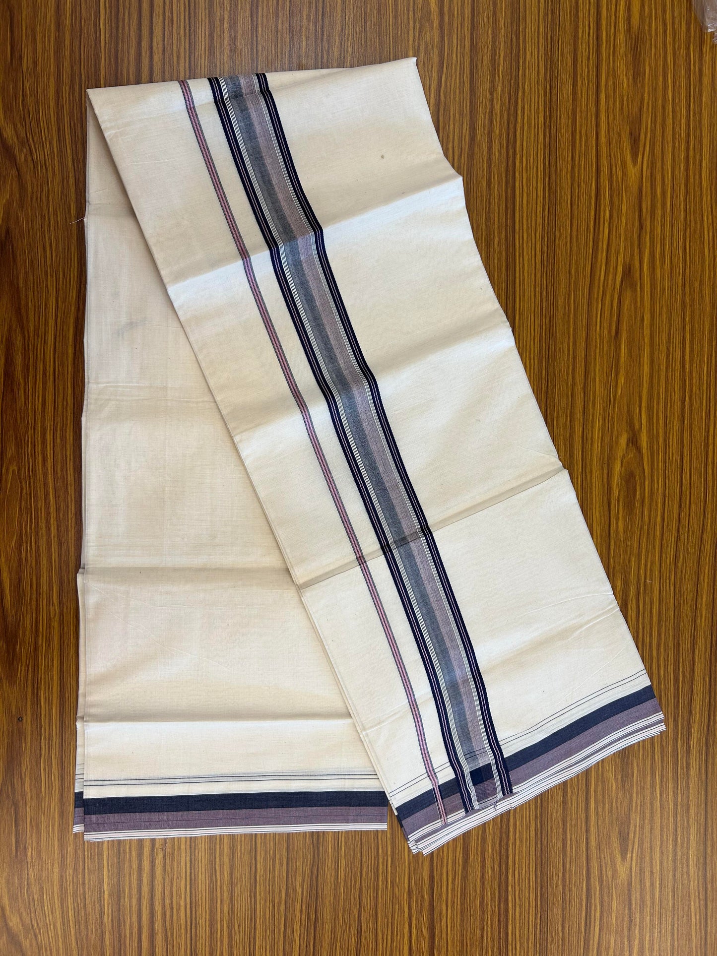 20% Discount ! KaithariKada Balaramapuram 100% Cotton Double Off White (Unbleached) - Mundu / Dhoti- 100x80 -  1.5 inch Navy Blue & Pink Shaded Striped Kara 4 mtr (8.5 Muzham) - 14 KK5363 VIN