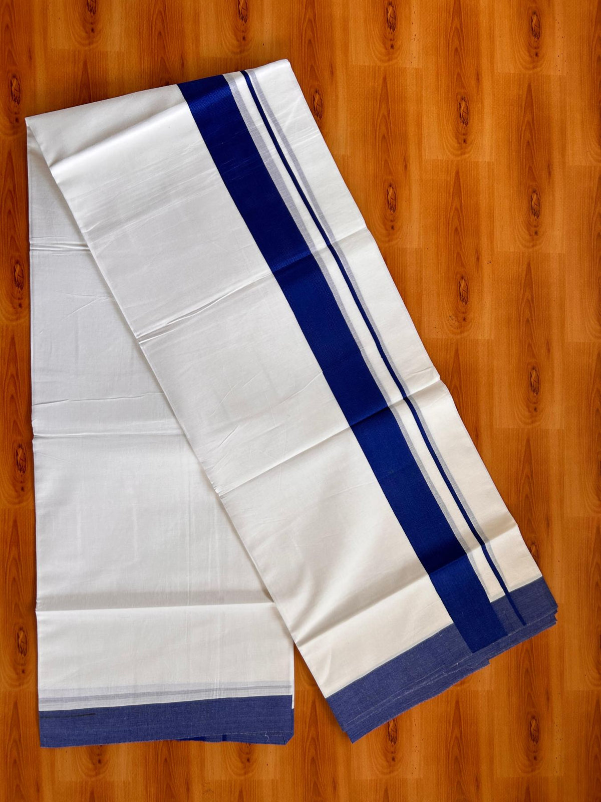 Pure White Double Mundu/Dhoti - 20% Discount ! Kaitharikada Pure Cotton - 100x80 - 1.5 inch Royal Blue Kara 3.80 mtr (8 muzham) - 1 KK5523 MC