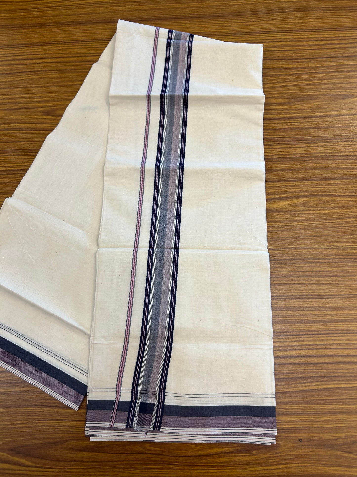 20% Discount ! KaithariKada Balaramapuram 100% Cotton Double Off White (Unbleached) - Mundu / Dhoti- 100x80 -  1.5 inch Navy Blue & Pink Shaded Striped Kara 4 mtr (8.5 Muzham) - 14 KK5363 VIN