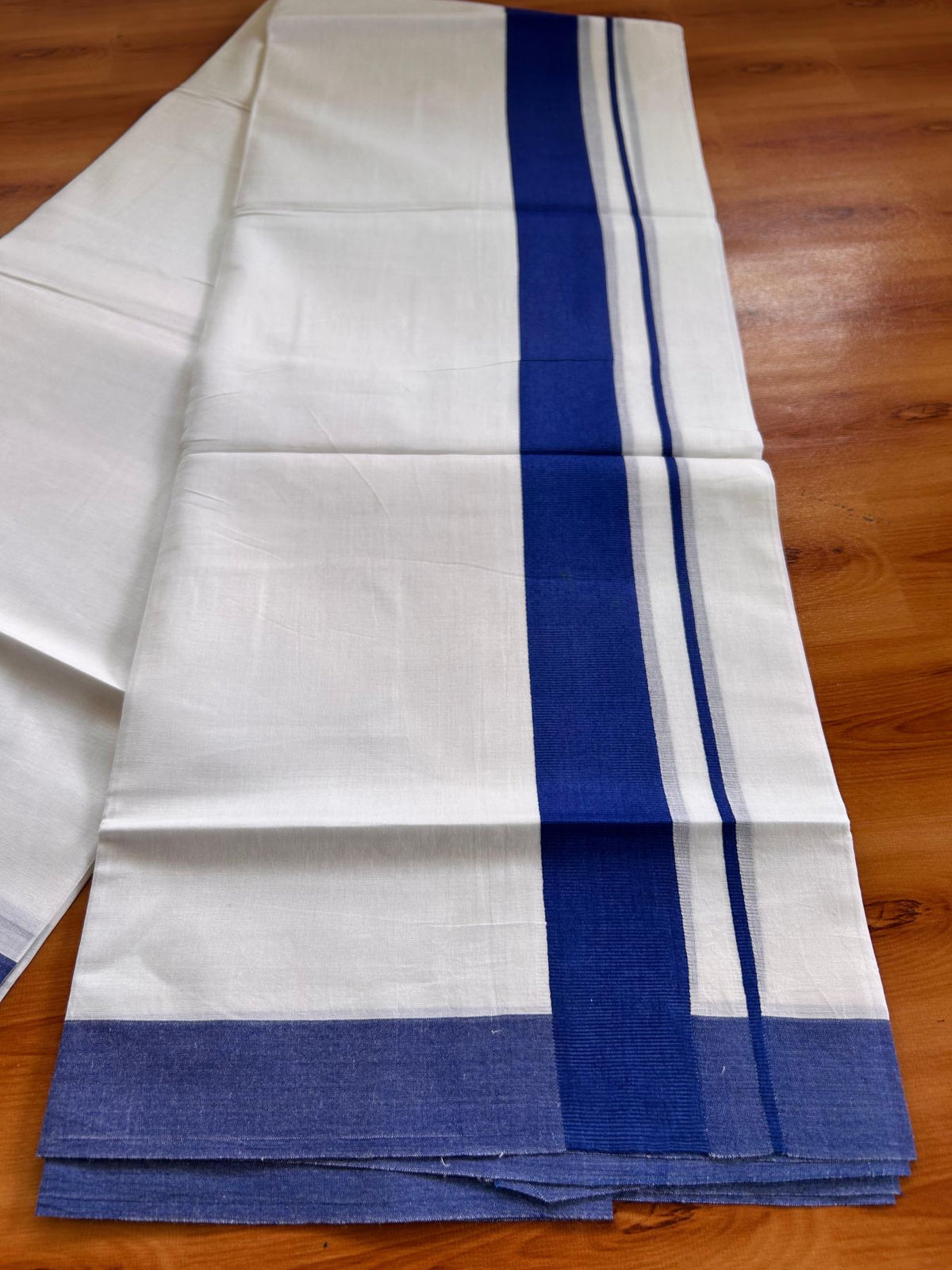 Pure White Double Mundu/Dhoti - 20% Discount ! Kaitharikada Pure Cotton - 100x80 - 1.5 inch Royal Blue Kara 3.80 mtr (8 muzham) - 1 KK5523 MC
