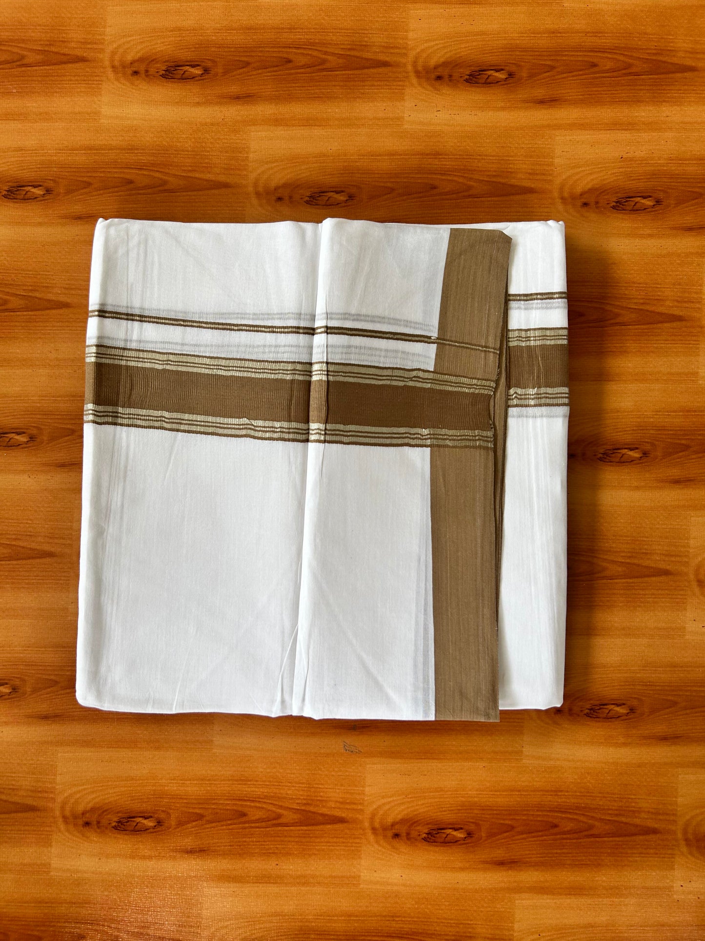 Pure White Double Mundu/Dhoti - 20% Discount ! Kaitharikada Balaramapuram 100% Cotton - 100x80 - 1.5 inch Silver Kasav & Dark Brown Stripes Kara 3.80 mtr (8 muzham) - 5 KK5456 THI