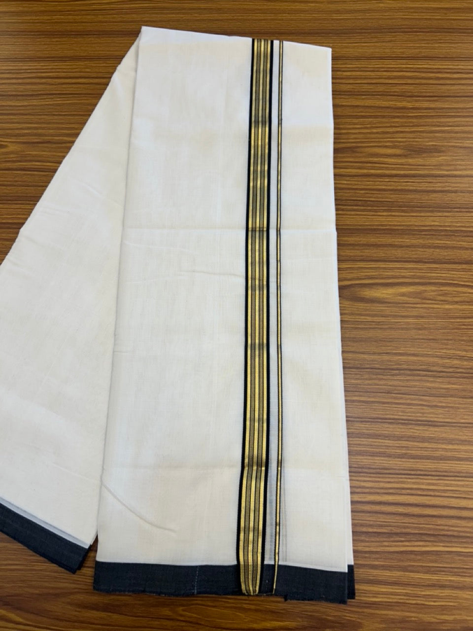 25% Discount ! Kaitharikada Handloom Unakkupaav Balaramapuram - 100% Pure Cotton Off White - (Unbleached) Double Mundu/Dhoti - 100x80 - 1.25 inch Gold Kasav & Black Striped Kara 4 mtr (8.5 Muzham) - 11 KK5307 SAS