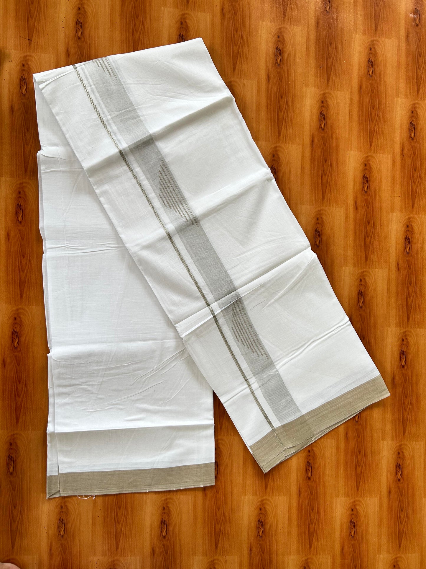 Pure White Double Mundu/Dhoti - 20% Discount ! Kaitharikada 100% Pure Cotton - 100x80s - 1.5 inch Silver Kasav & Tan Brown Stripes Pattern Kara 3.80 mtr (8 muzham) - 49 KK5456 THI