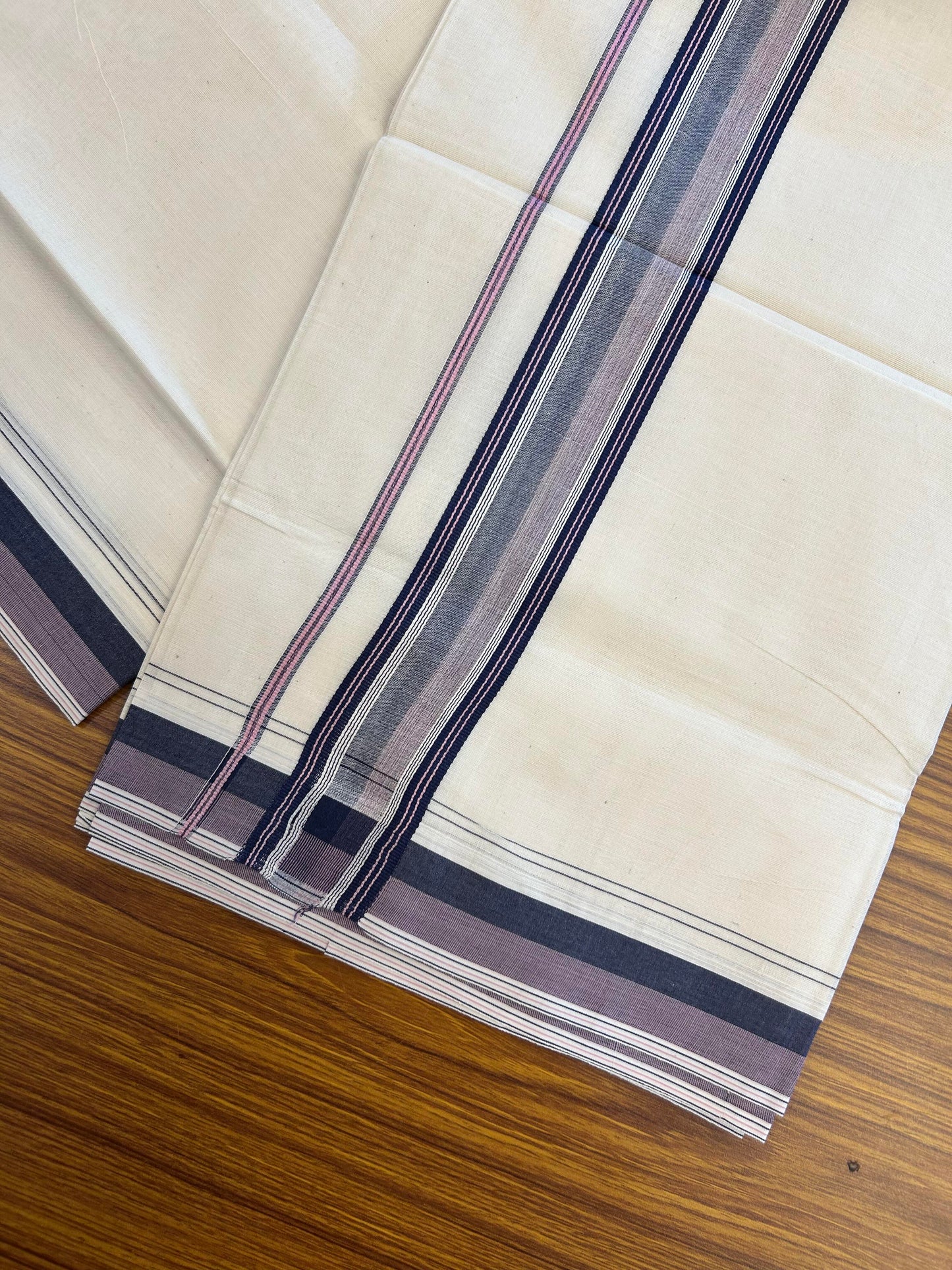 20% Discount ! KaithariKada Balaramapuram 100% Cotton Double Off White (Unbleached) - Mundu / Dhoti- 100x80 -  1.5 inch Navy Blue & Pink Shaded Striped Kara 4 mtr (8.5 Muzham) - 14 KK5363 VIN