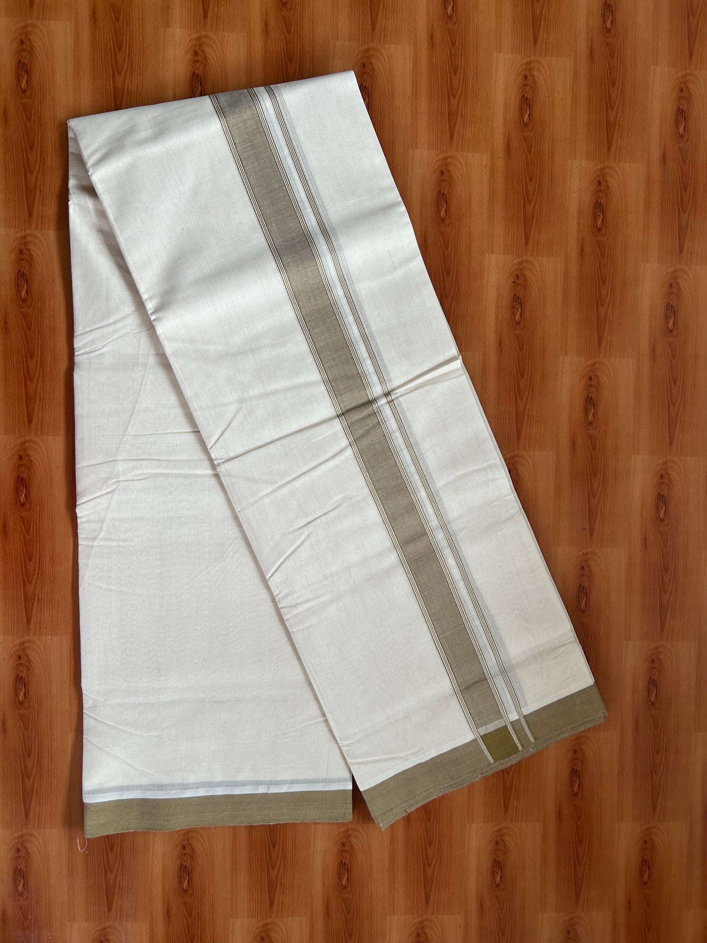 20% Discount!! KaithariKada Balaramapuram 100% Cotton Double Off White - (Unbleached) Mundu/Dhoti-100x80 - 1.5 inch Peanut Brown Shaded Striped Kara- 3.75 mtr (8 Muzham) - 17 KK5381 ASH