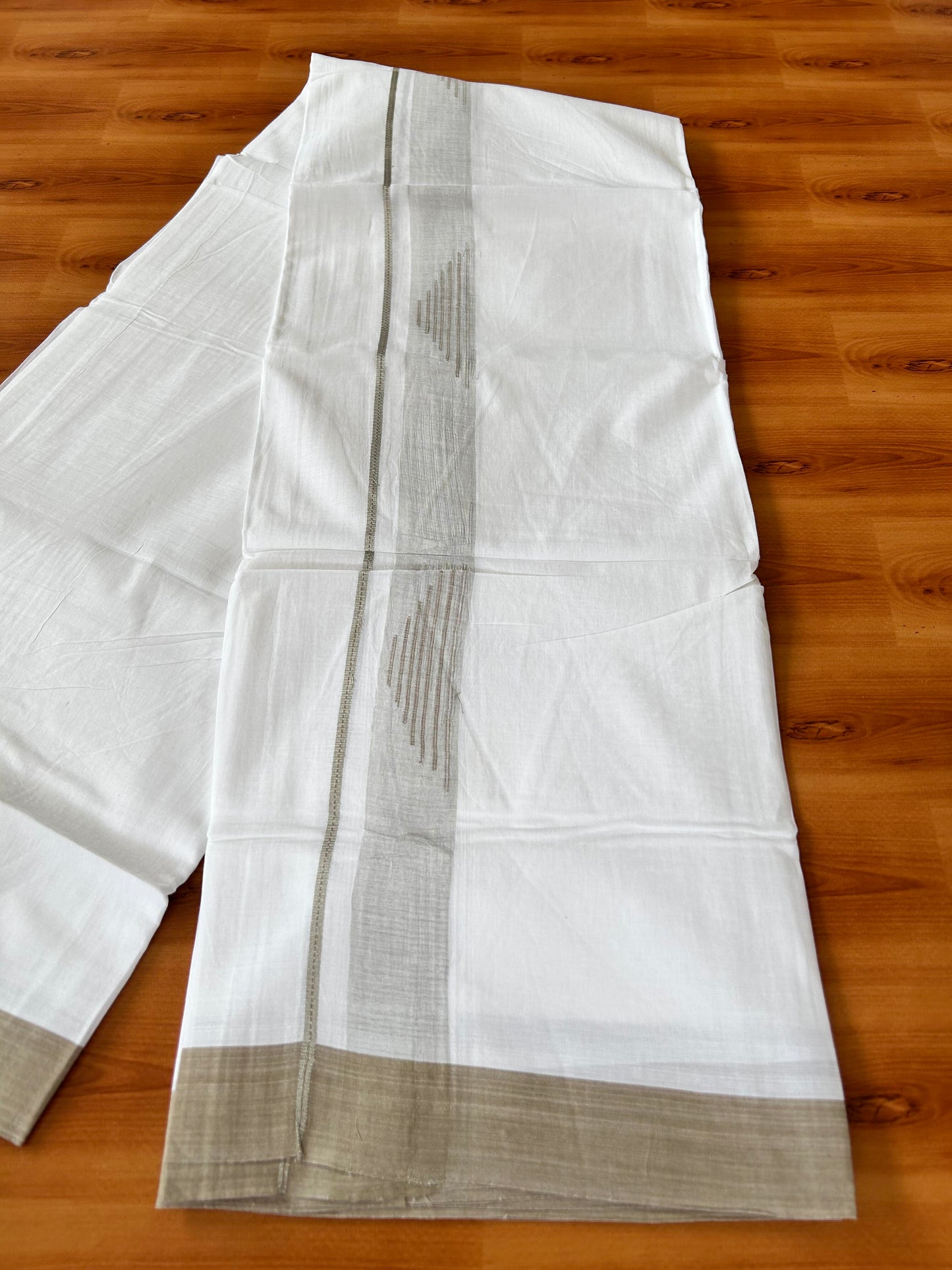 Pure White Double Mundu/Dhoti - 20% Discount ! Kaitharikada 100% Pure Cotton - 100x80s - 1.5 inch Silver Kasav & Tan Brown Stripes Pattern Kara 3.80 mtr (8 muzham) - 49 KK5456 THI
