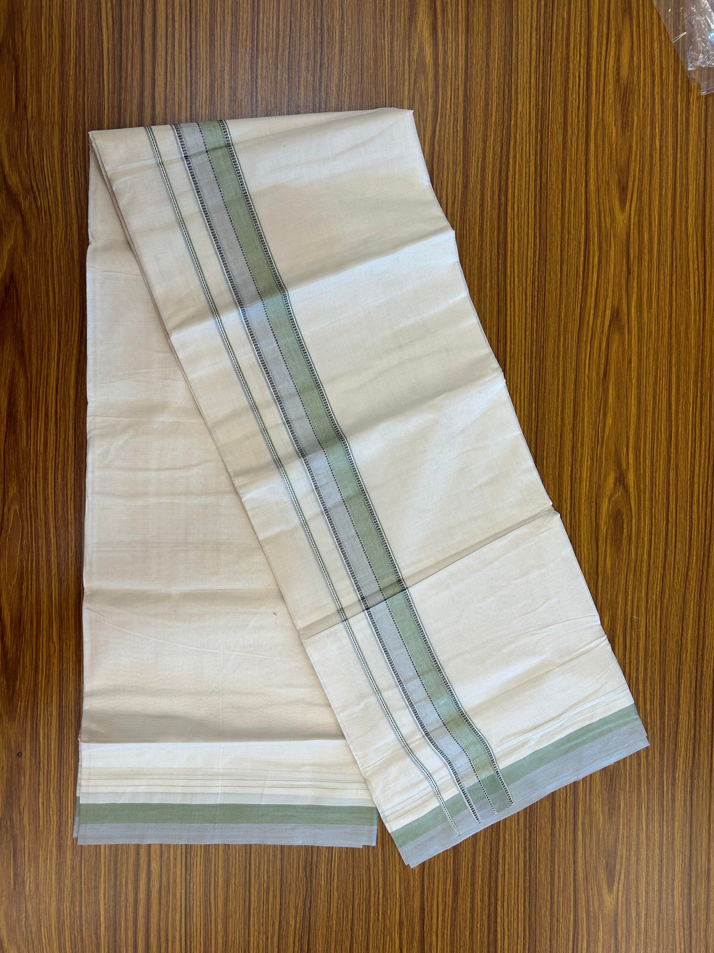 20% Discount ! KaithariKada Balaramapuram 100% Cotton Double Off White (Unbleached) - Mundu / Dhoti- 100x80 -  1.5 inch Black Pastel Green & Grey Shaded Striped Kara 4 mtr (8.5 Muzham) - 17 KK5363 VIN