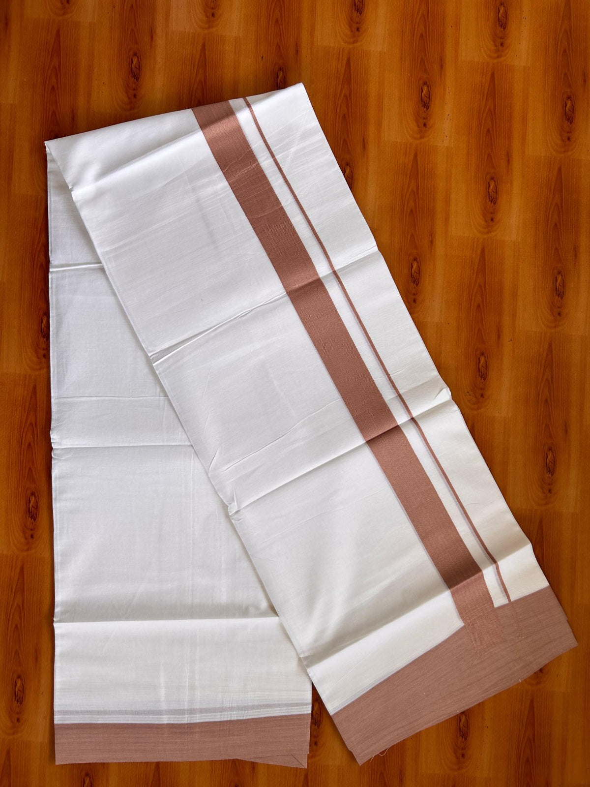 Pure White Double Mundu/Dhoti - 20% Discount ! Kaitharikada Pure Cotton - 100x80 - 1.5 inch Pale Copper Kara 3.80 mtr (8 muzham) - 2 KK5523 MC