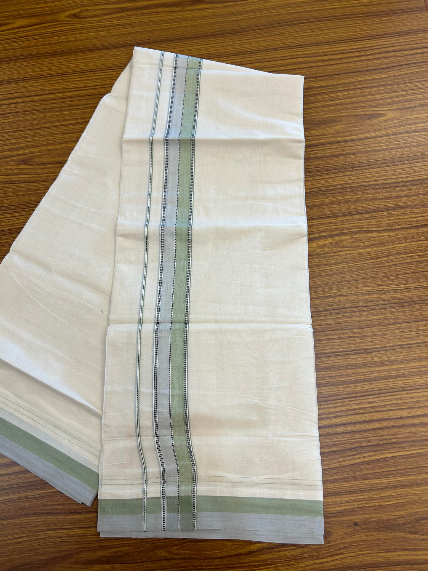 20% Discount ! KaithariKada Balaramapuram 100% Cotton Double Off White (Unbleached) - Mundu / Dhoti- 100x80 -  1.5 inch Black Pastel Green & Grey Shaded Striped Kara 4 mtr (8.5 Muzham) - 17 KK5363 VIN